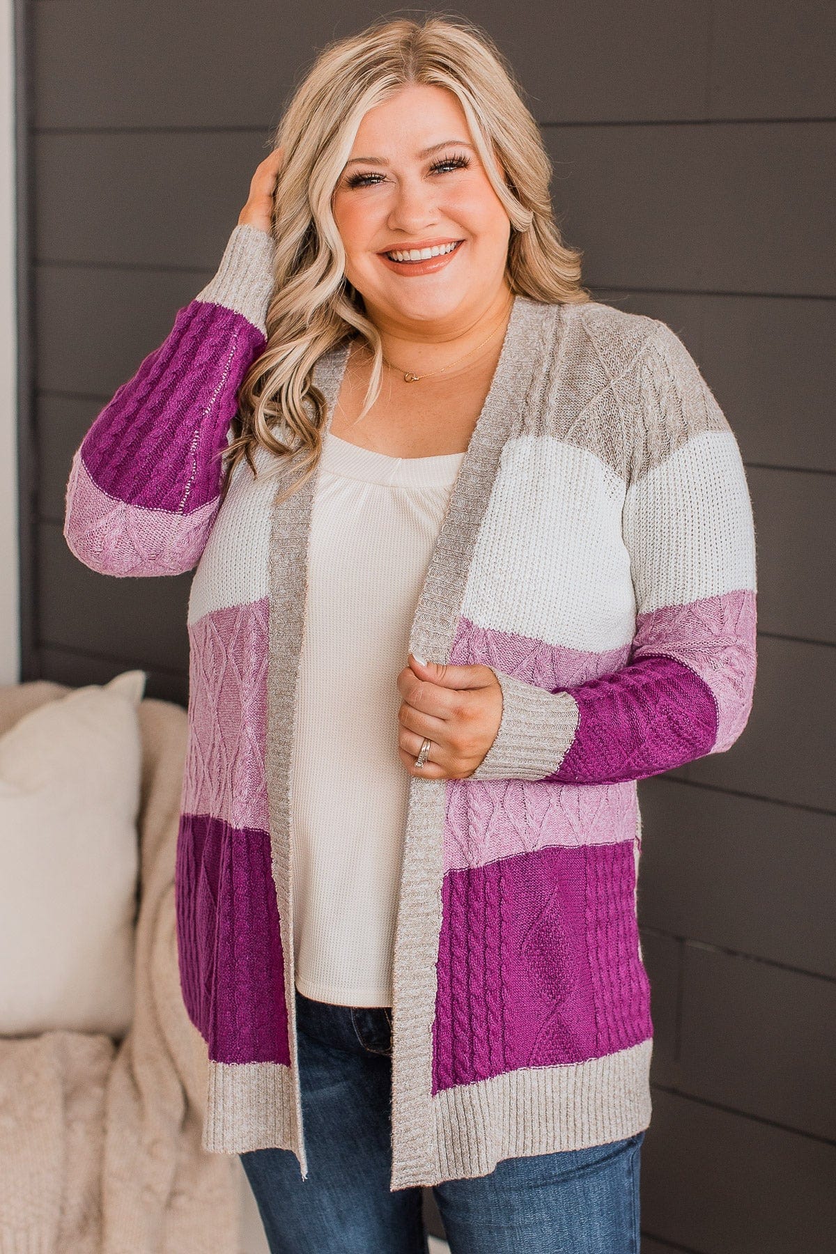 Hold Me Close Knit Cardigan- Light Taupe & Pink
