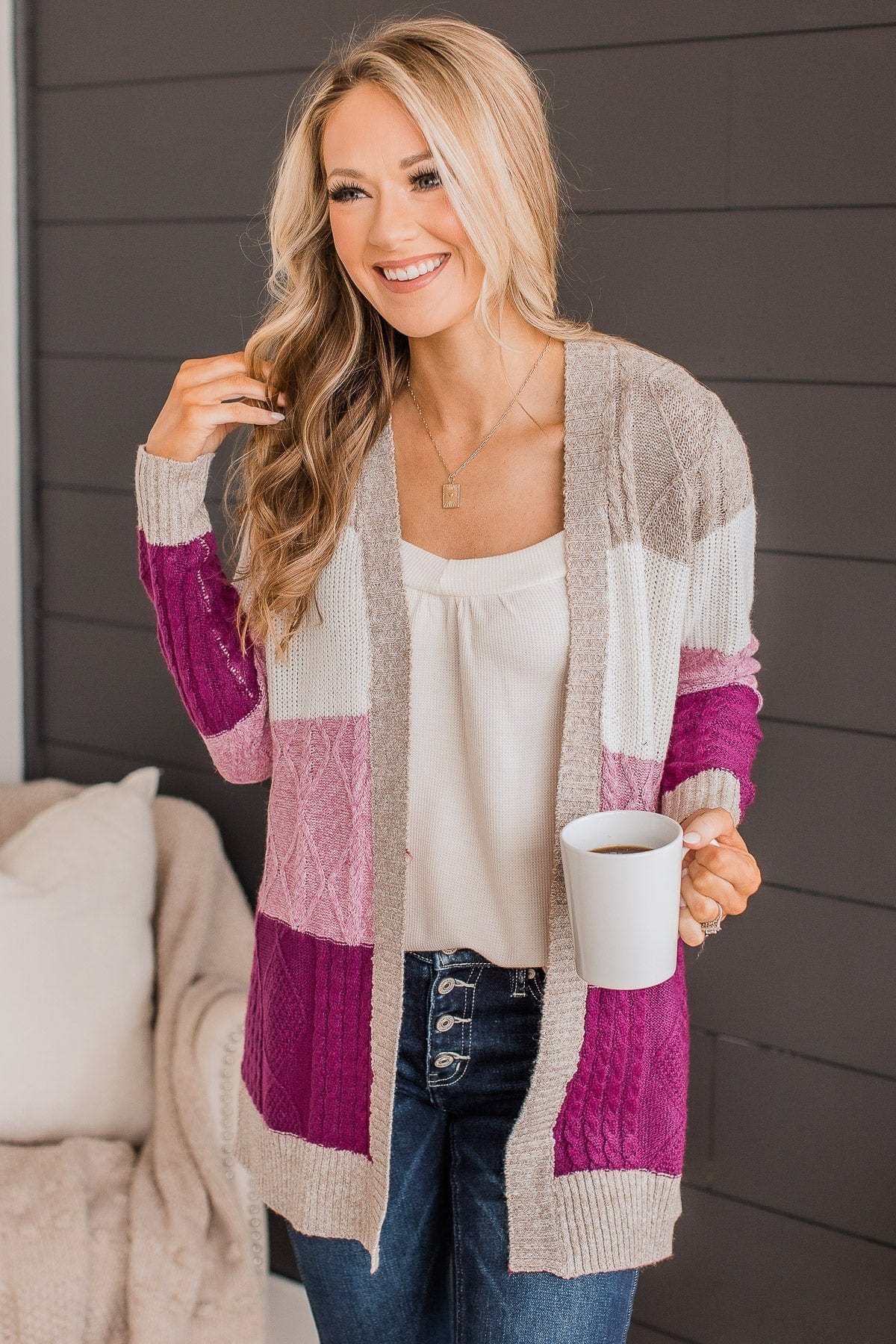 Hold Me Close Knit Cardigan- Light Taupe & Pink