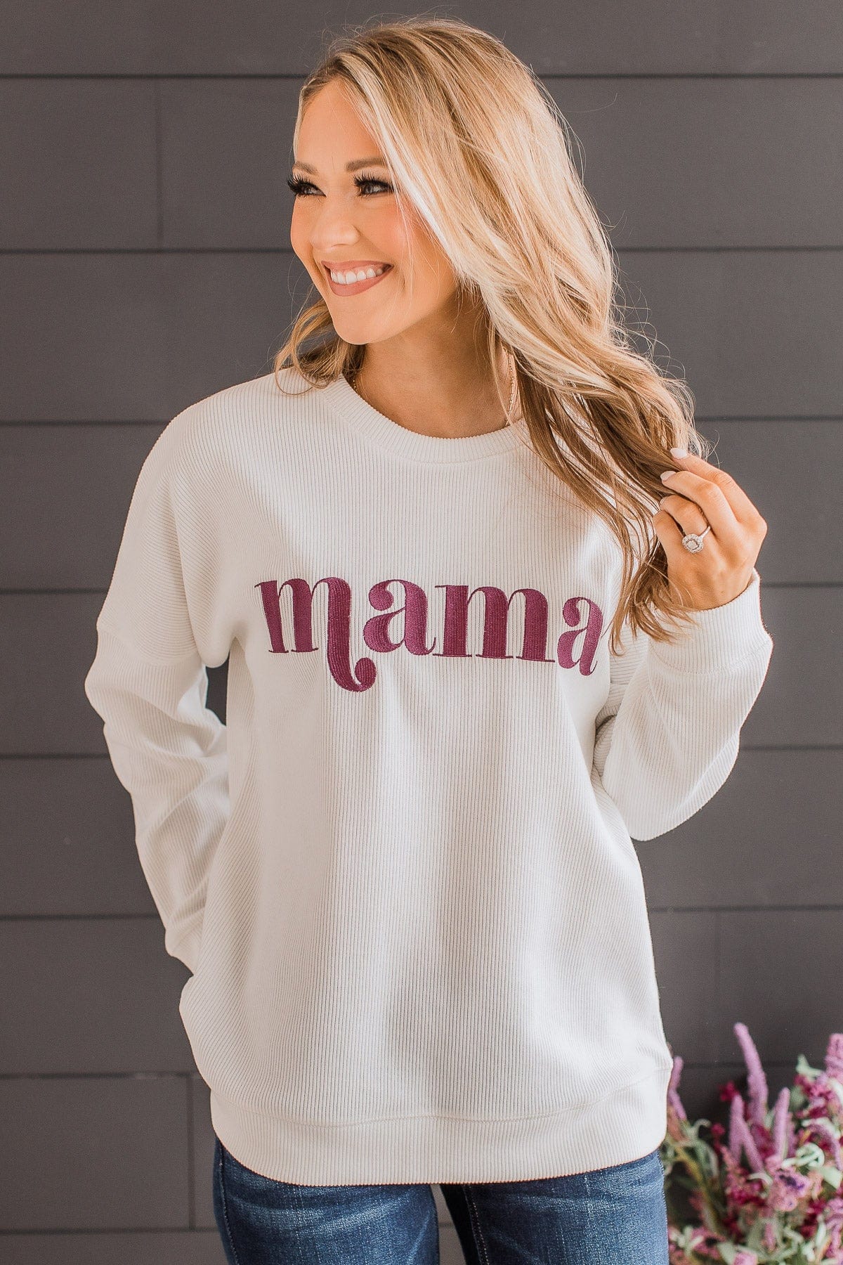 "Mama" Corduroy Knit Crew Neck- Ivory