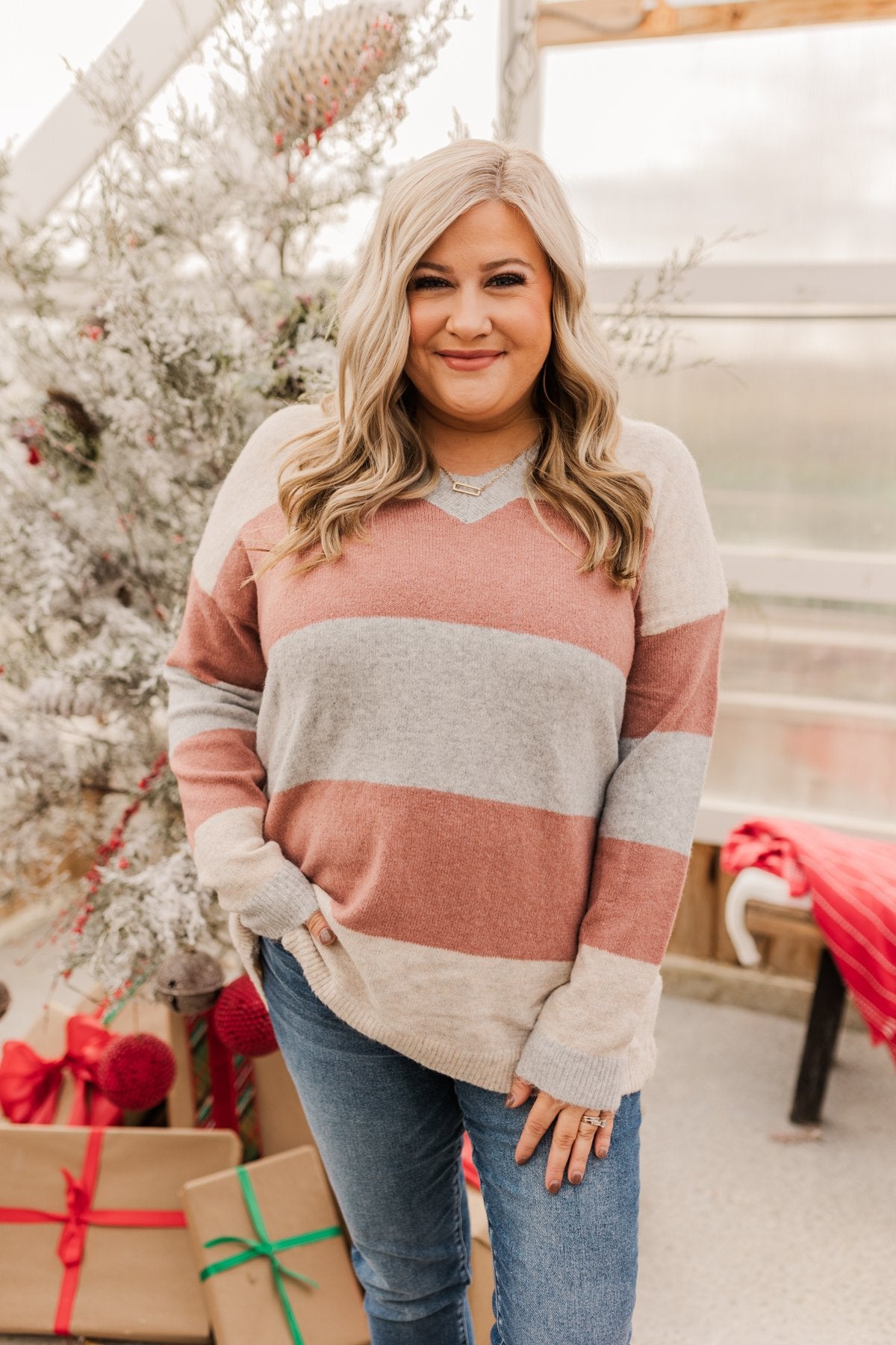Blissful Feelings Color Block Sweater- Oatmeal & Mauve