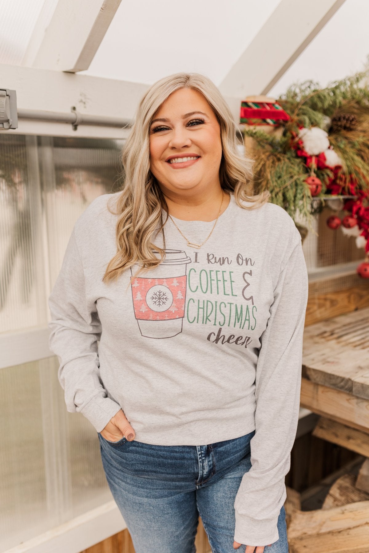 "I Run On Coffee & Christmas Cheer" Graphic Top- Grey