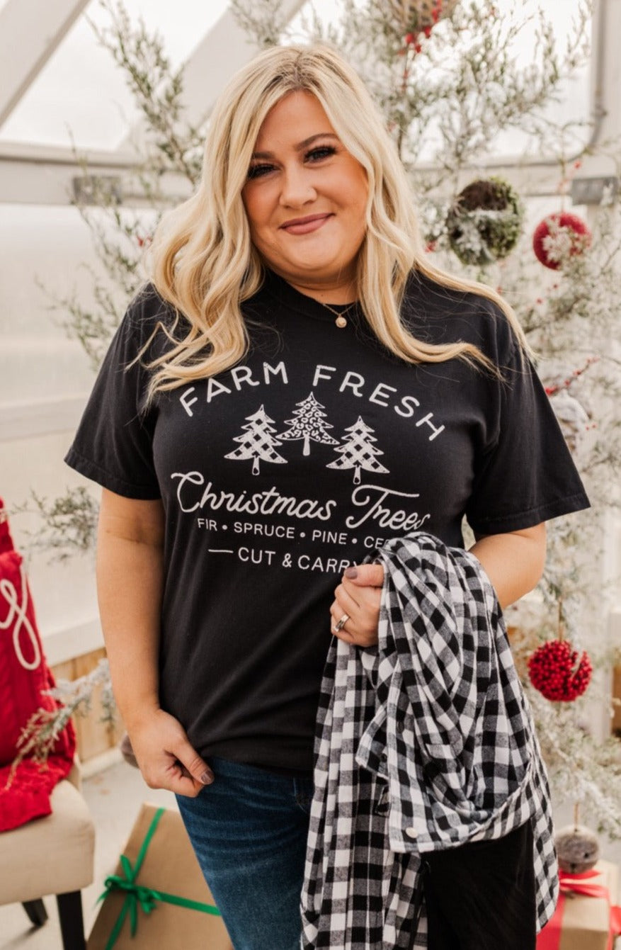 Festive "Farm Fresh Christmas Tree" Graphic Tee- Black