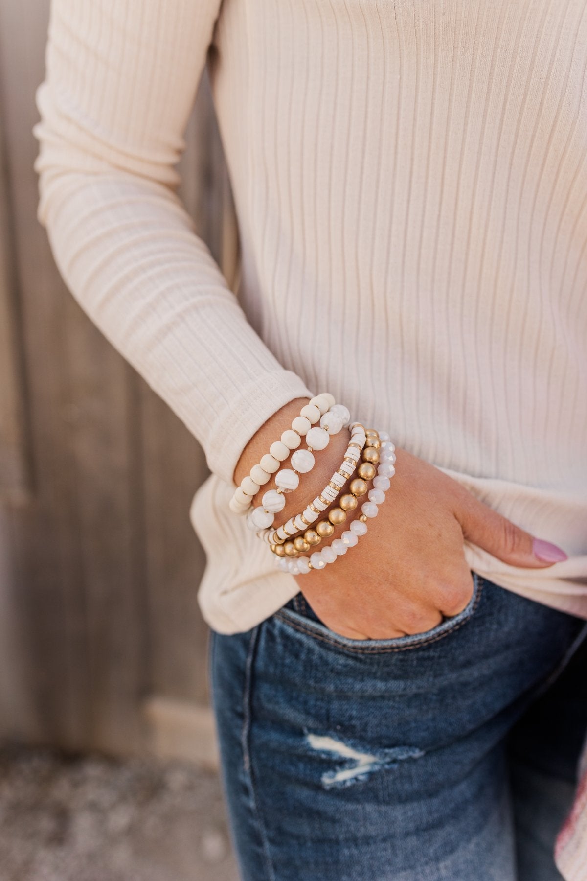 Sensational Styles Beaded Bracelet Set- Cream & Ivory