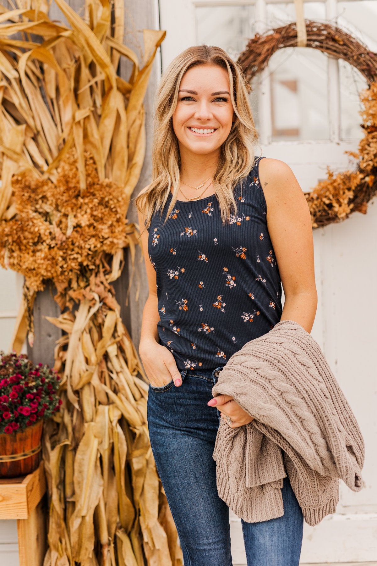 Had Me At Hello Floral Tank Top- Navy