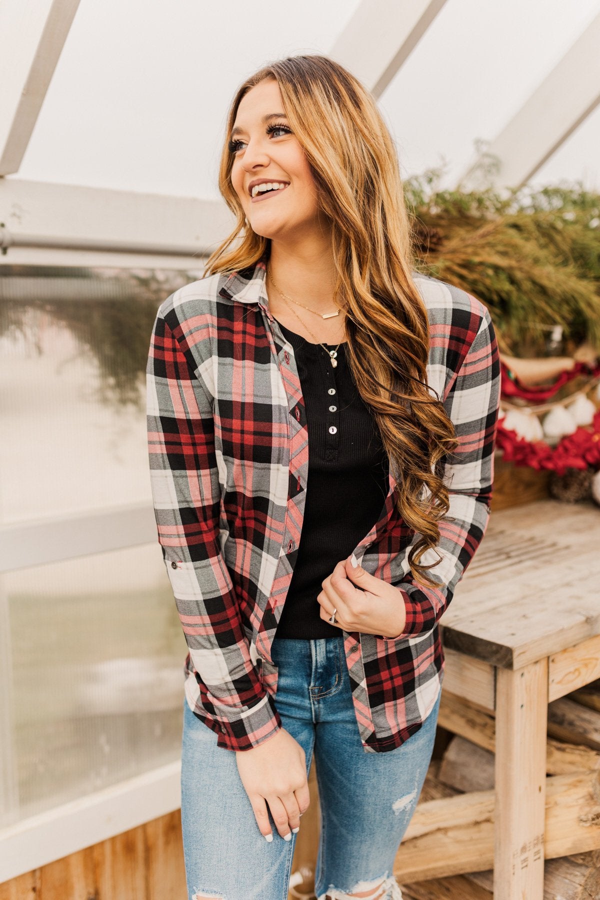 Holiday Feels Plaid Button Down- Red, Ivory & Black