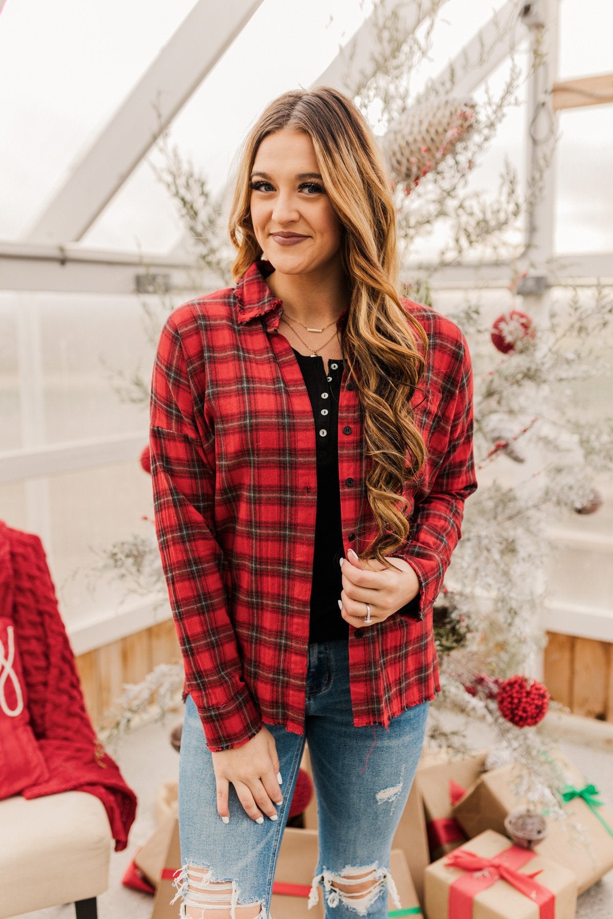 Catching Snowflakes Button Plaid Top- Red