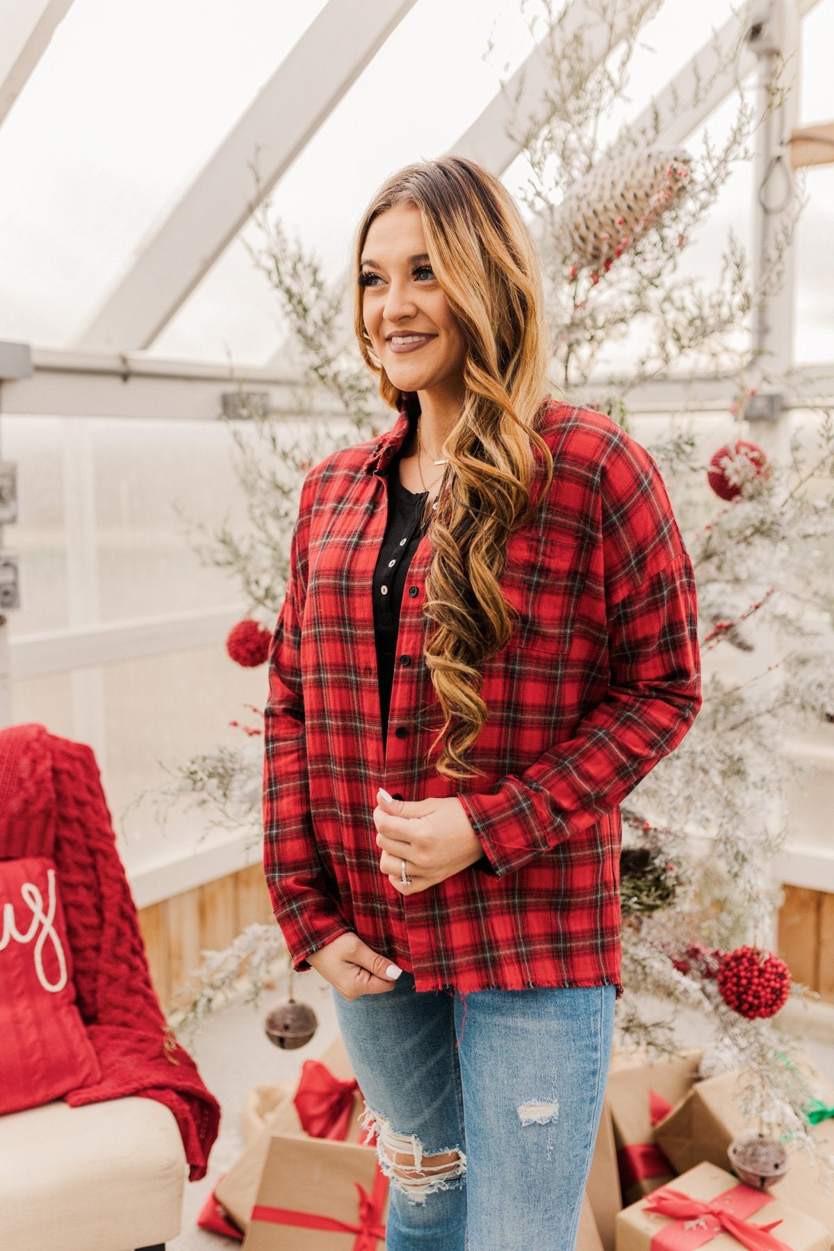 Catching Snowflakes Button Plaid Top- Red