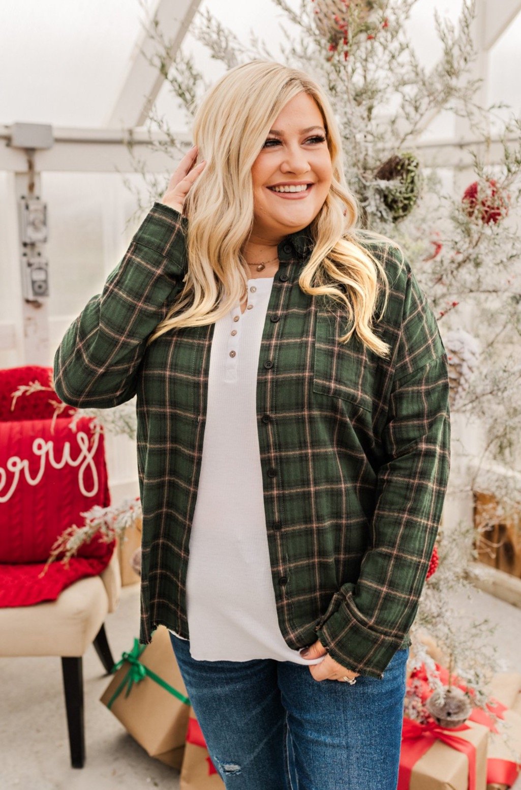 Catching Snowflakes Button Plaid Top- Green
