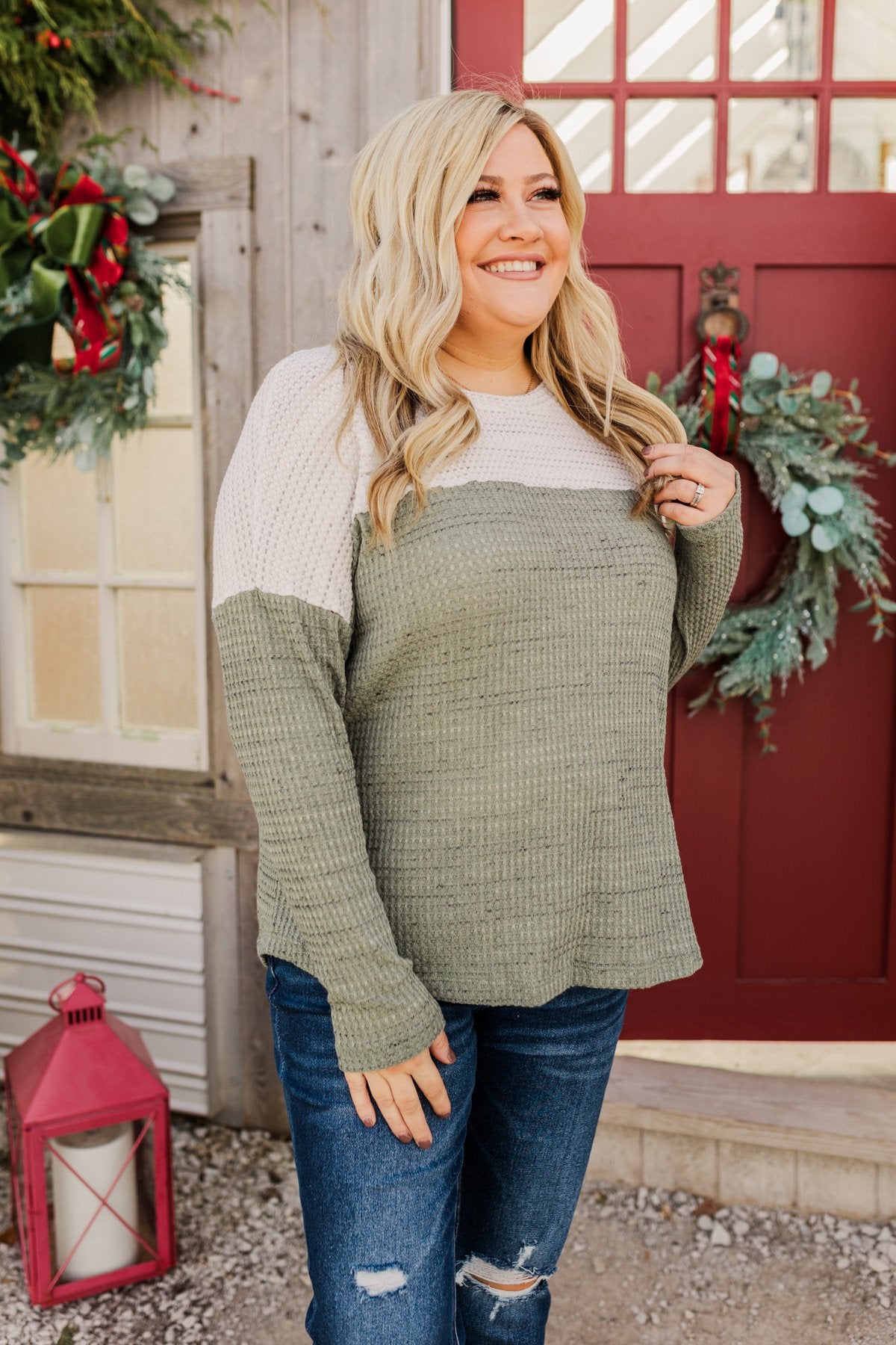 On To Better Things Knit Long Sleeve Top- Olive & Ivory