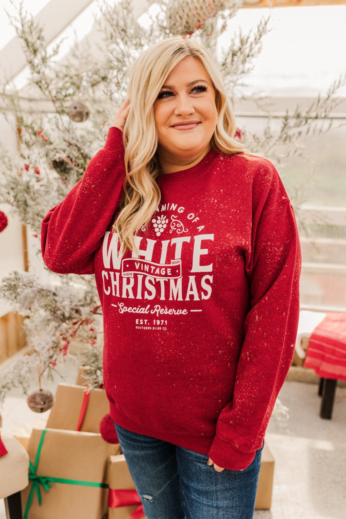 Vintage White Christmas Crewneck Pullover Deep Red