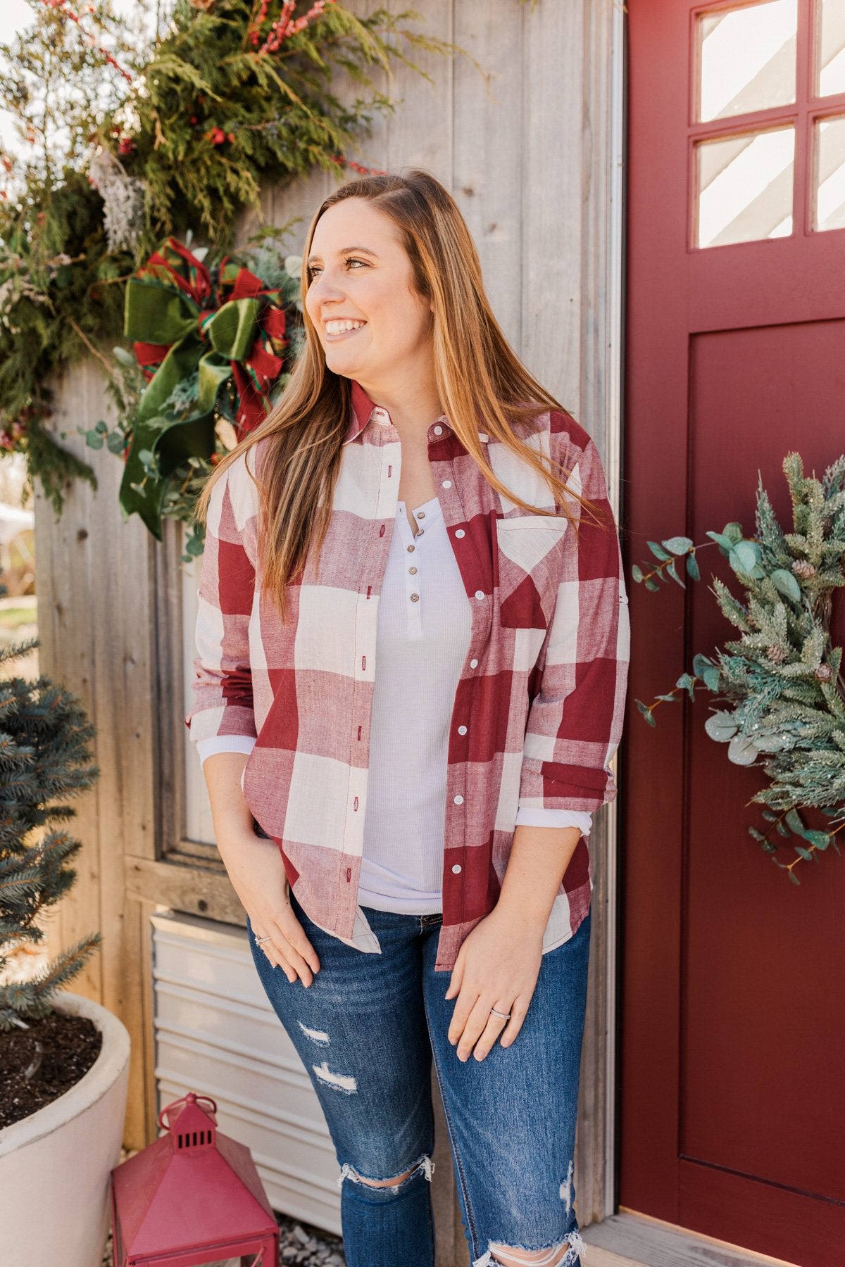 Sounds Of The Season Plaid Top- Cranberry Red