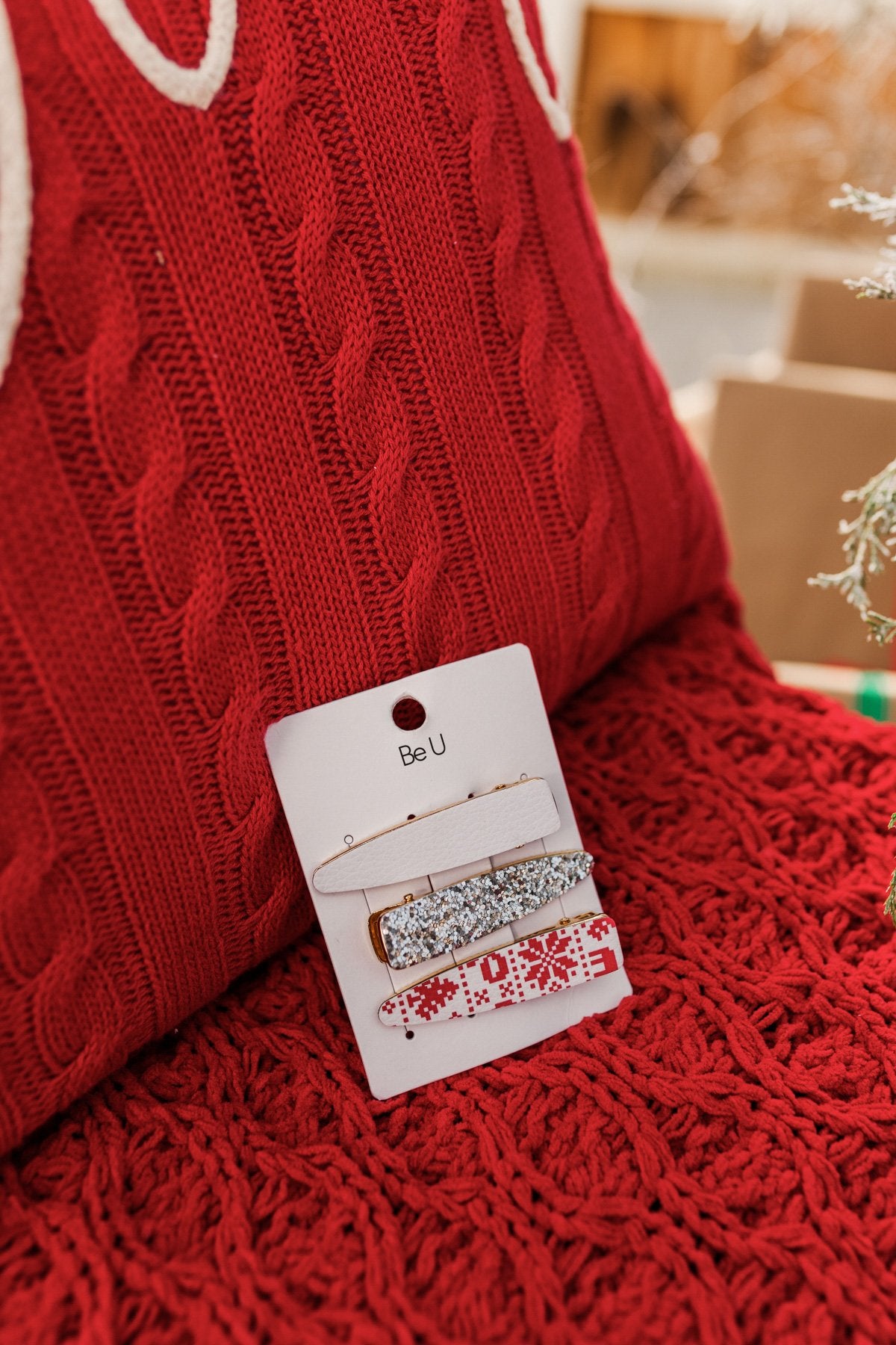 Festive Season 3 Piece Gold Barrette Set- White, Silver, Red