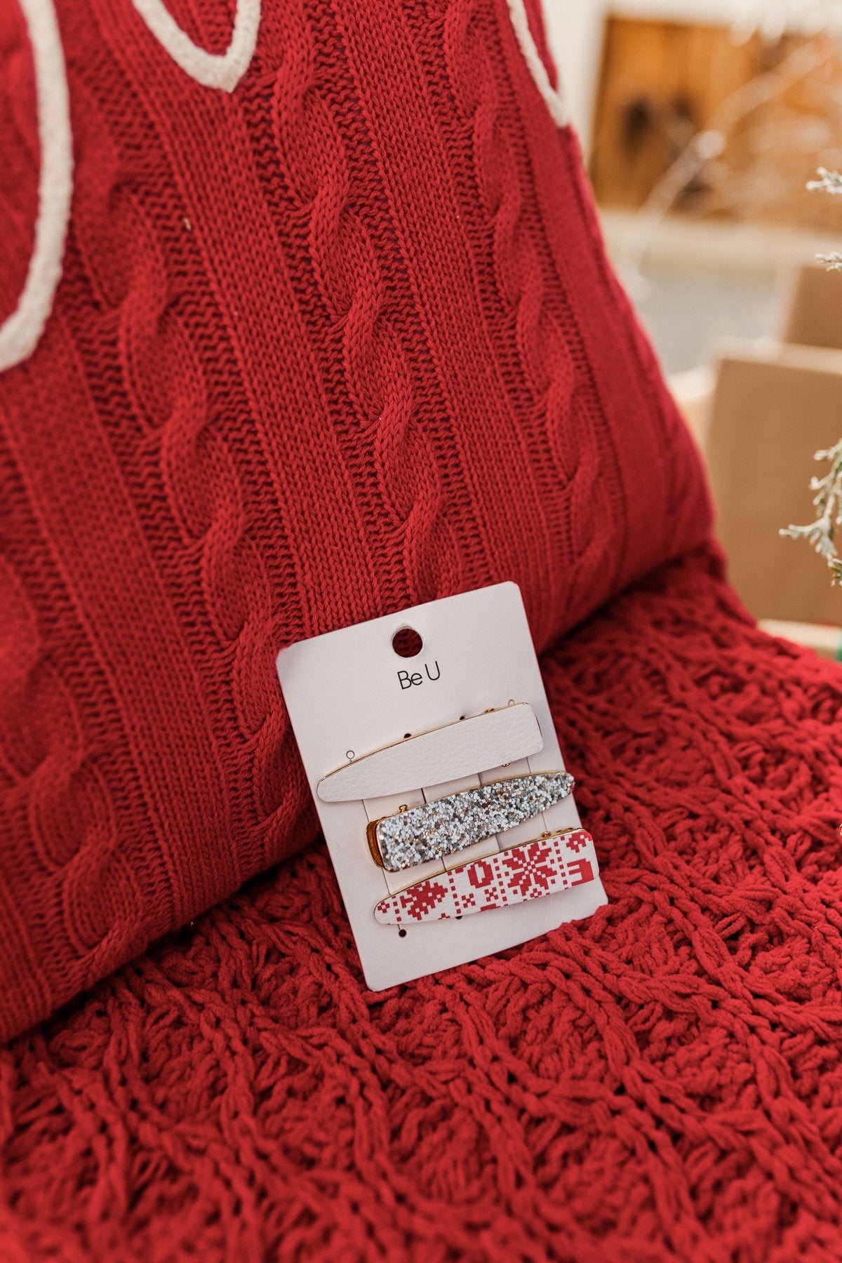 Festive Season 3 Piece Gold Barrette Set- White, Silver, Red
