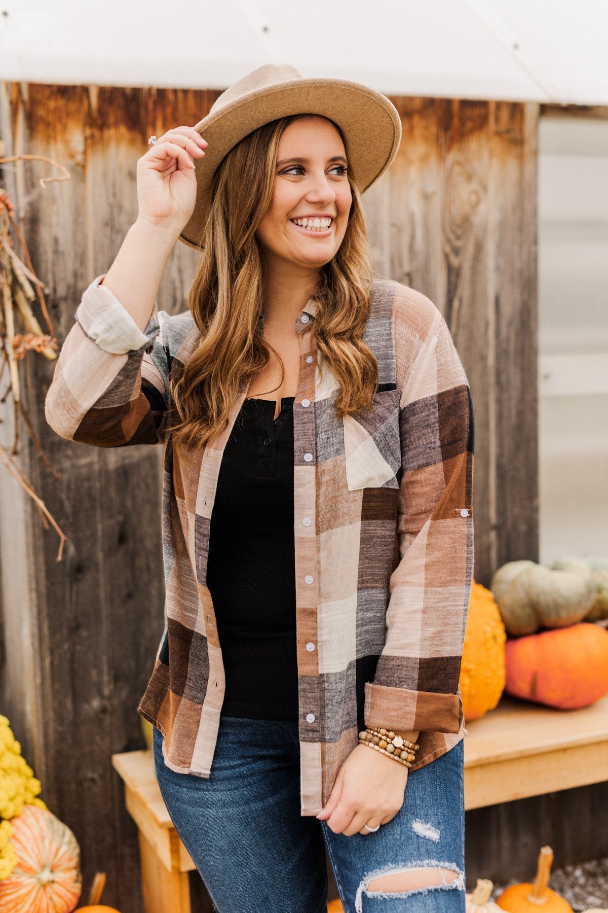 American Beauty Button Plaid Top- Brown & Taupe