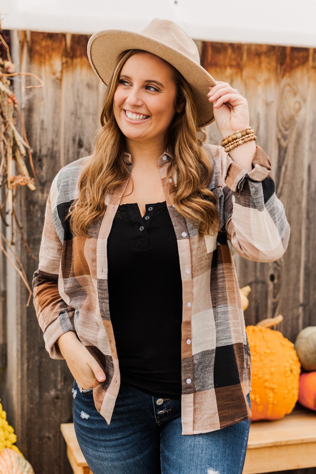 American Beauty Button Plaid Top- Brown & Taupe