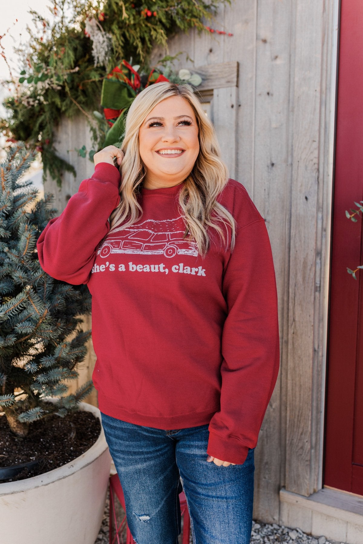 "She's A Beaut, Clark" Graphic Pullover- Cranberry