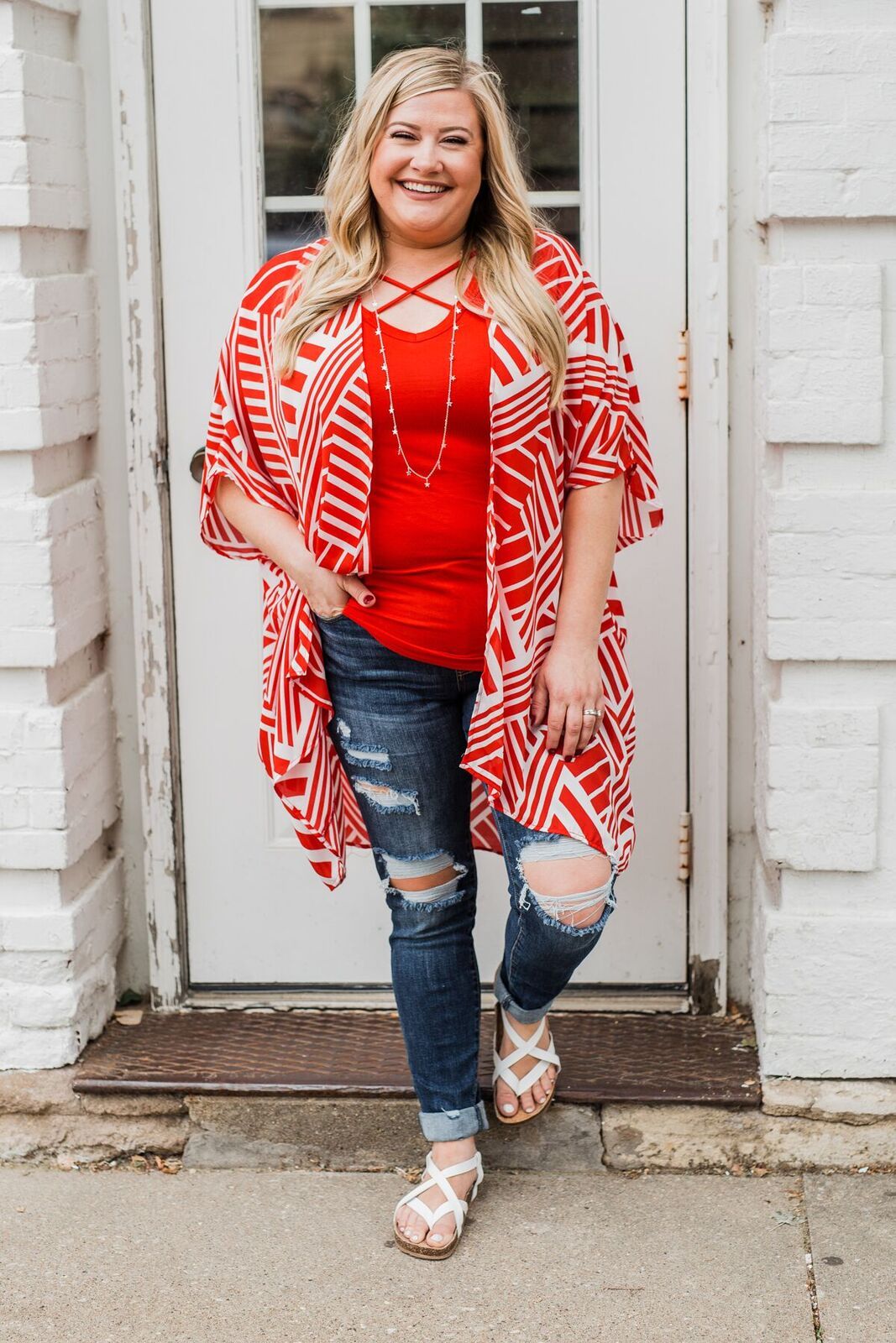 Radiant in Red Short Sleeve Kimono- Ivory