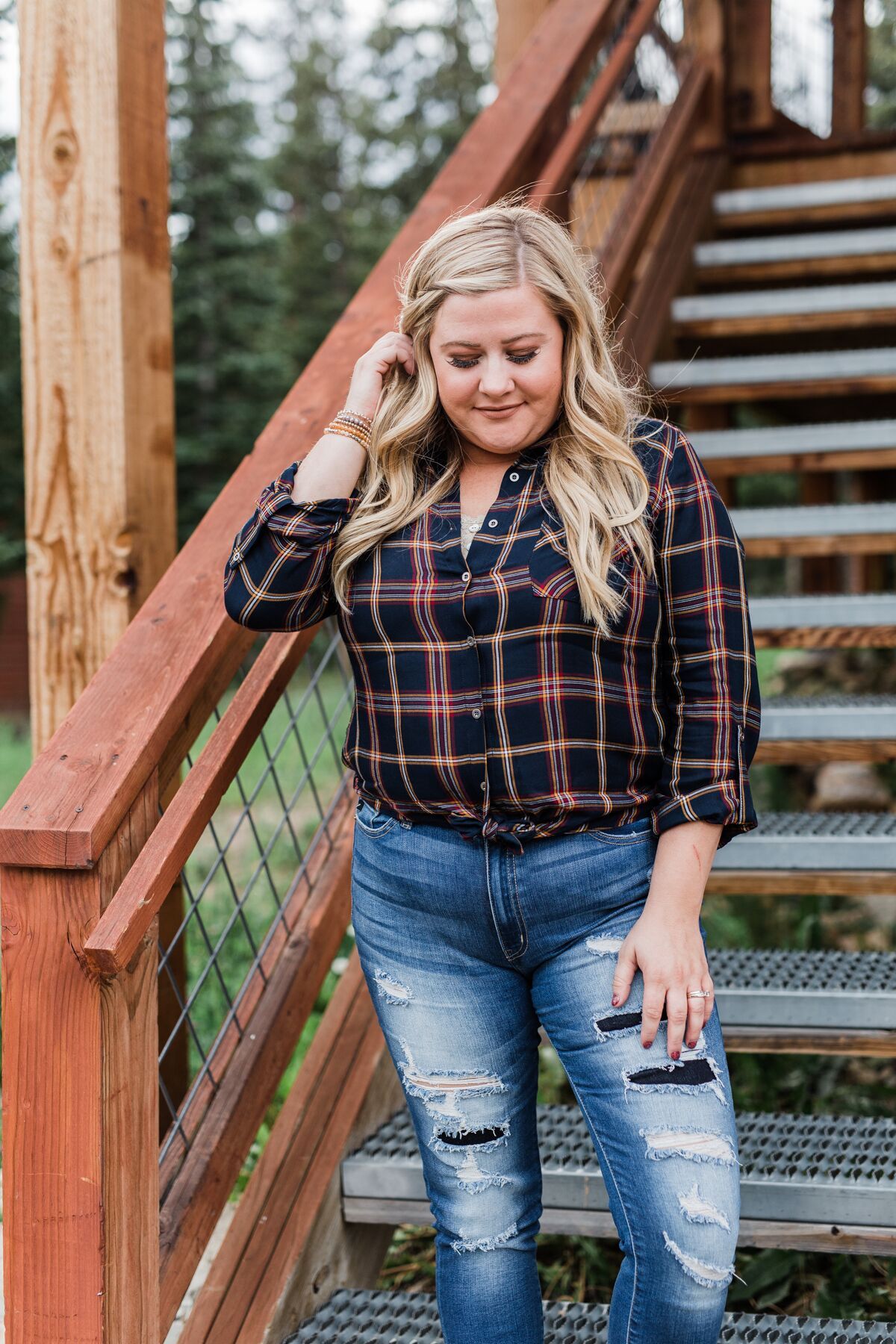 Carrying Your Love Flannel Button Up Top- Navy & Mustard