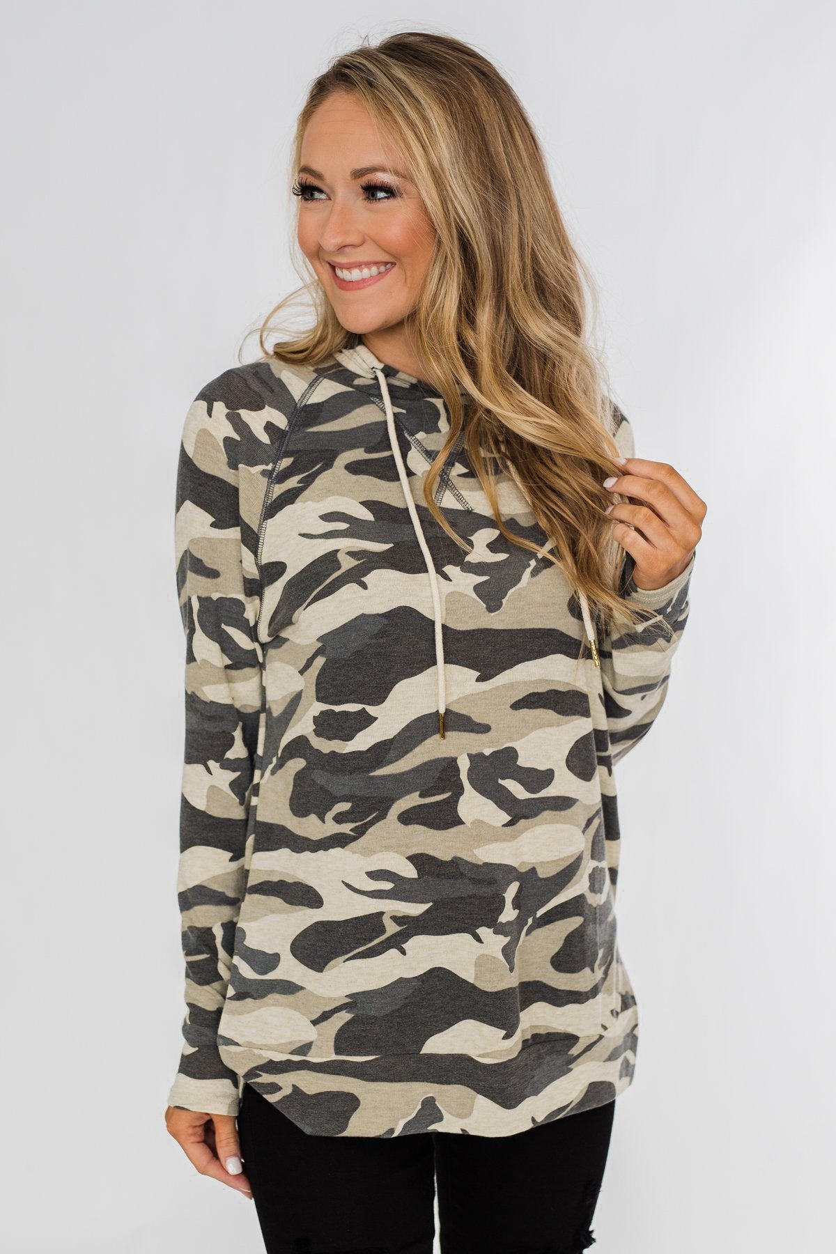 Captivating In Camo Drawstring Hoodie- Grey Camo