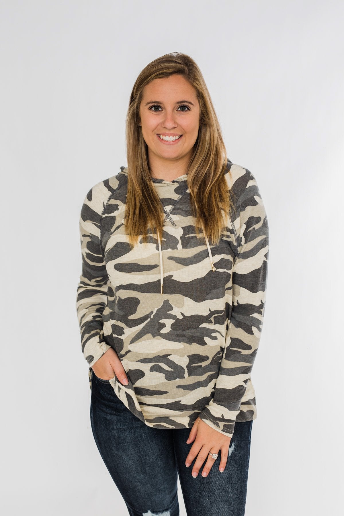 Captivating In Camo Drawstring Hoodie- Grey Camo