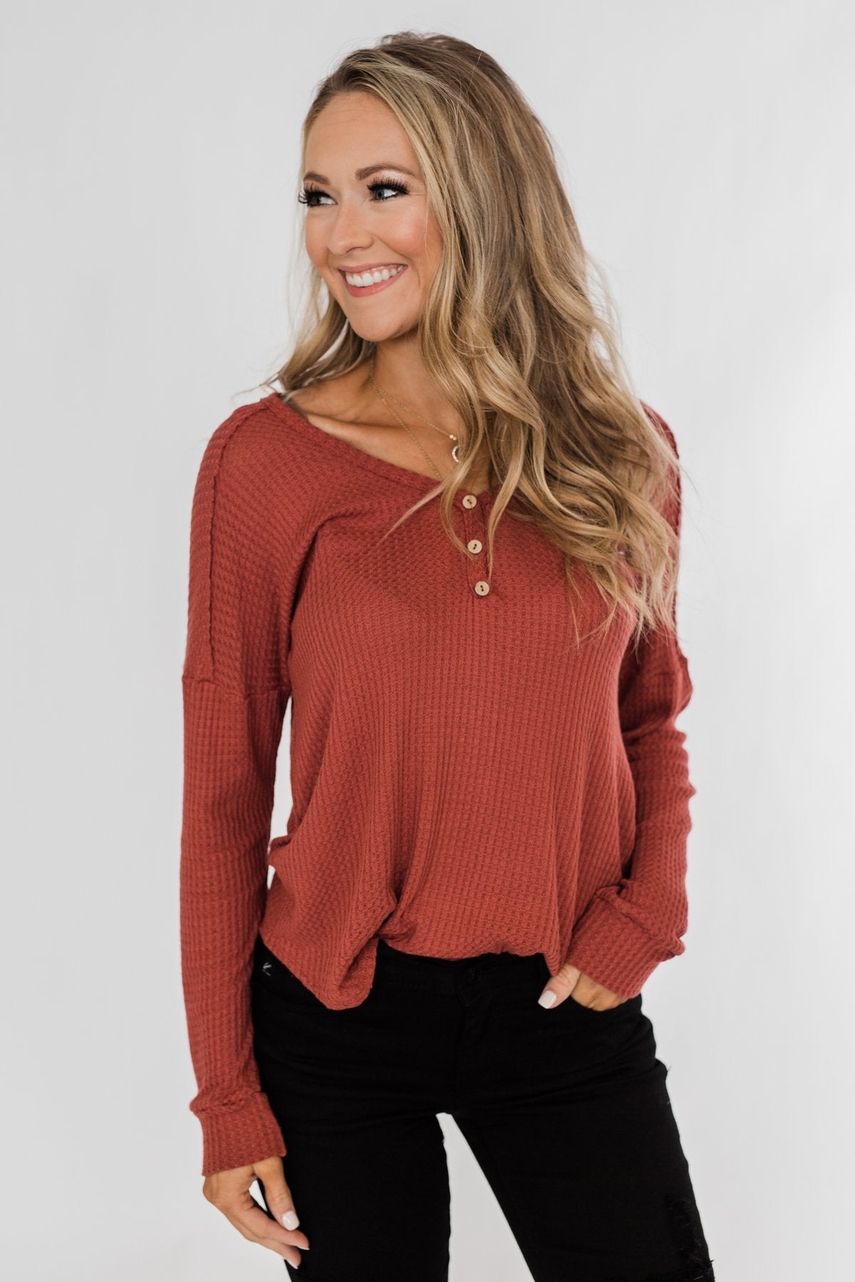 Knowing You V-Neck Thermal Top- Brick
