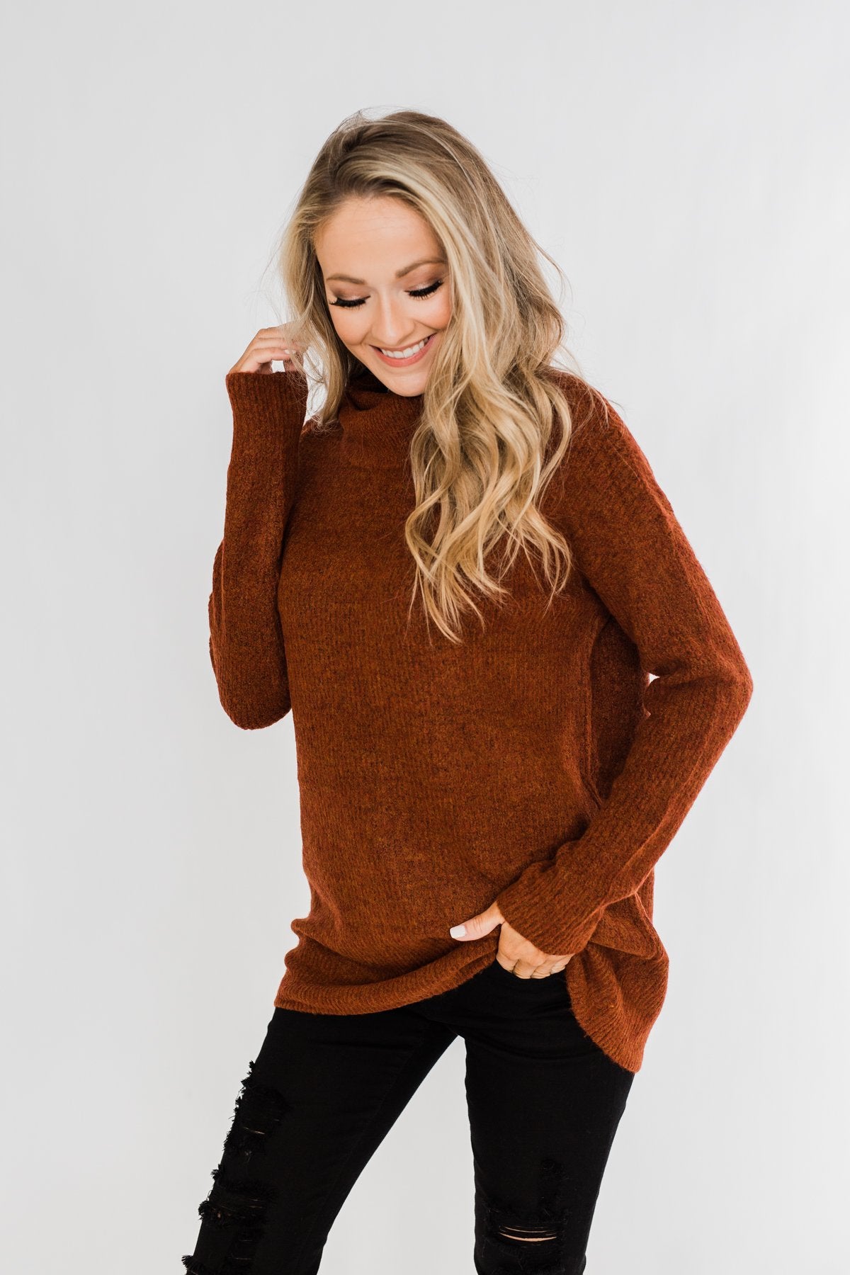 Cuddle By The Campfire Cowl Neck Sweater- Rust
