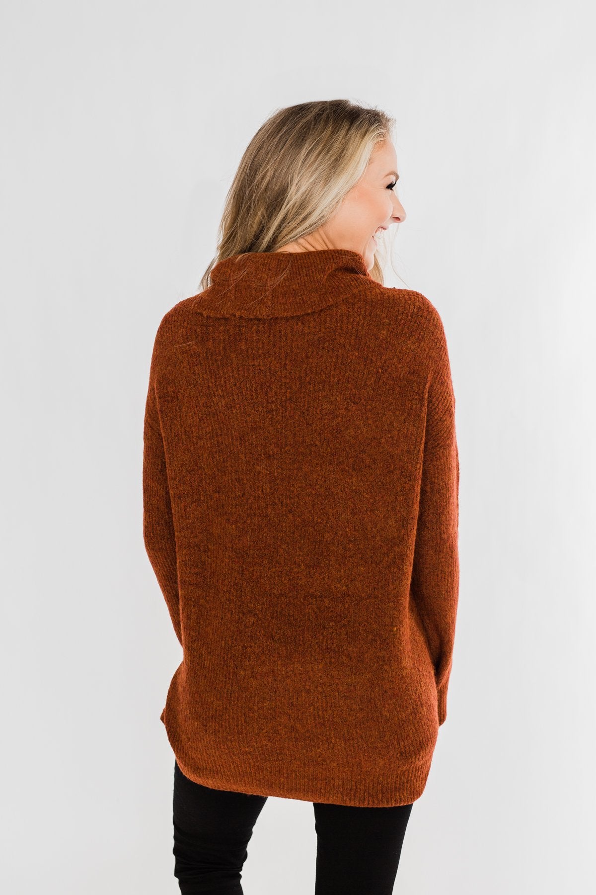 Cuddle By The Campfire Cowl Neck Sweater- Rust