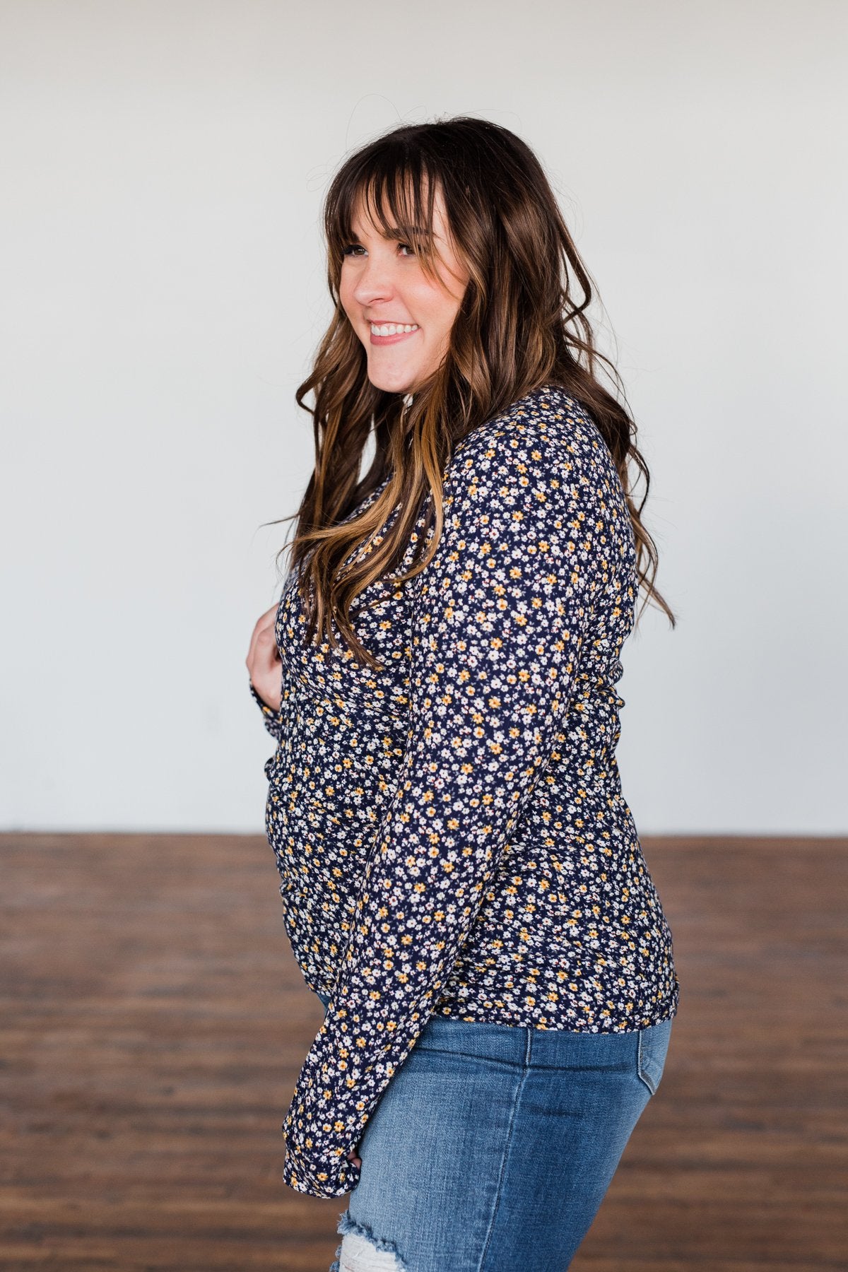 Before You Go Floral Notch Top- Navy