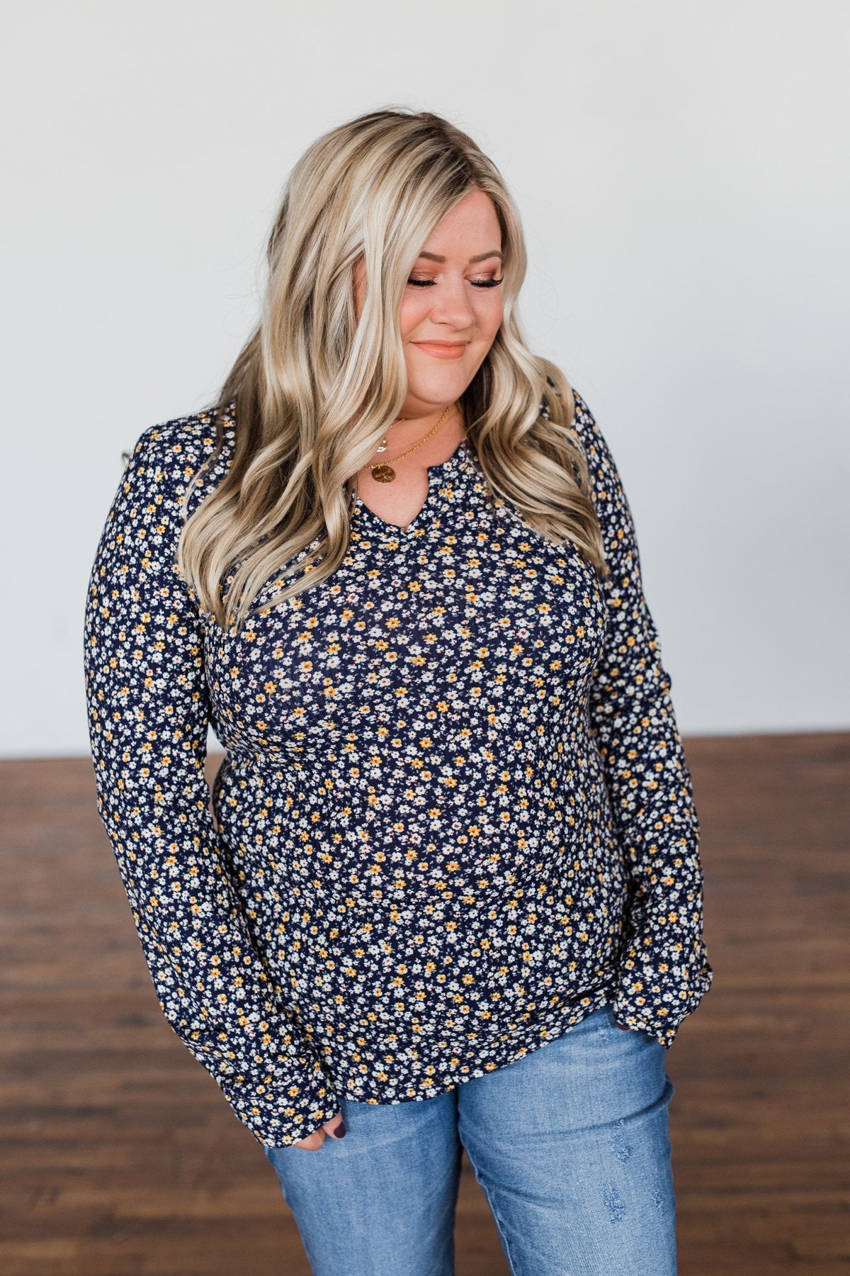 Before You Go Floral Notch Top- Navy