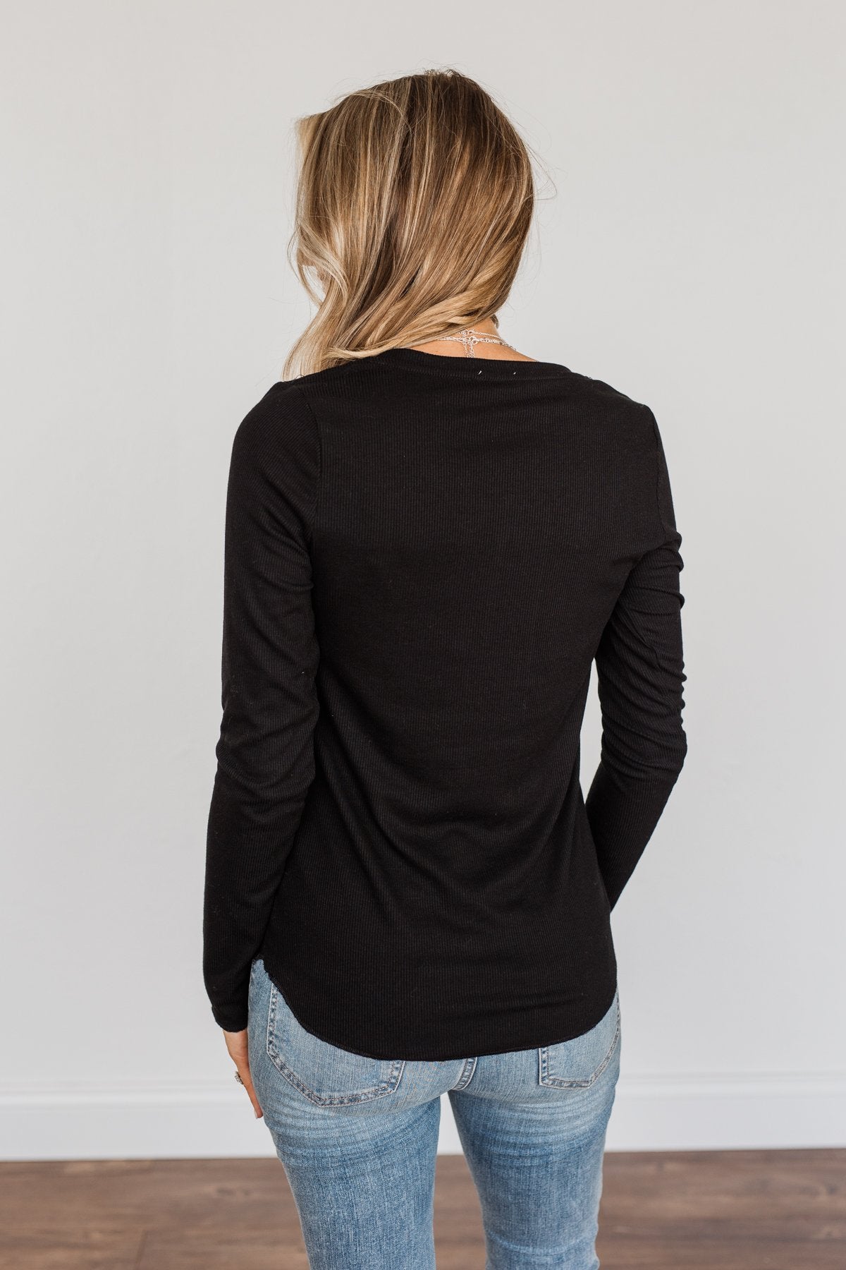 Rise To The Top Long Sleeve Henley Top- Black