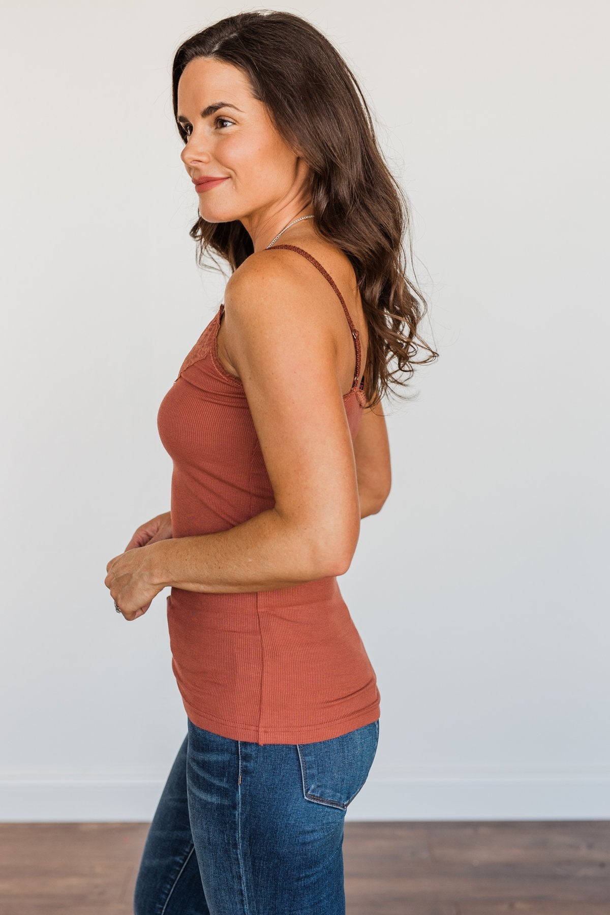 Pulse Basics Lace Trimmed Tank Top- Clay