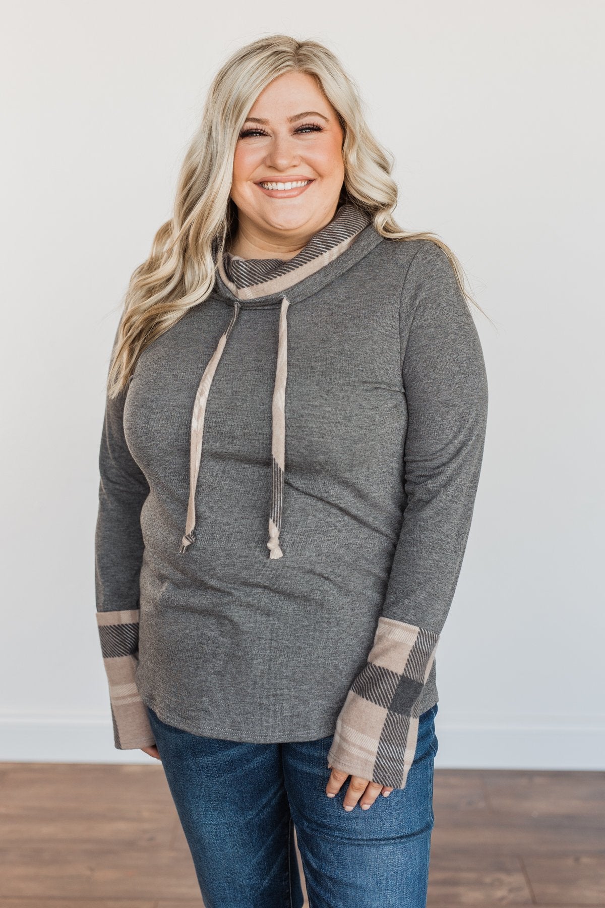 Celebrate The Season Cowl Neck Top- Charcoal & Taupe