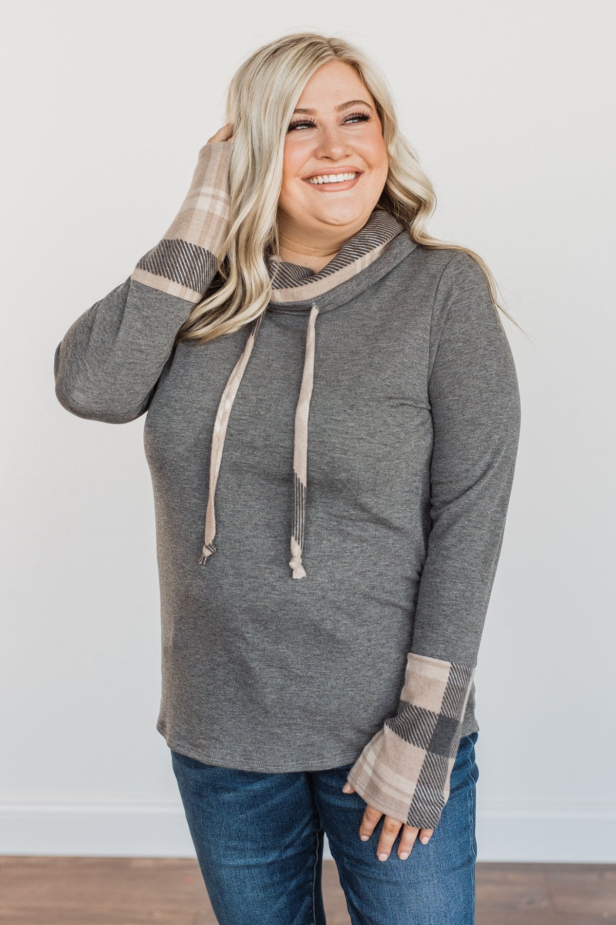 Celebrate The Season Cowl Neck Top- Charcoal & Taupe