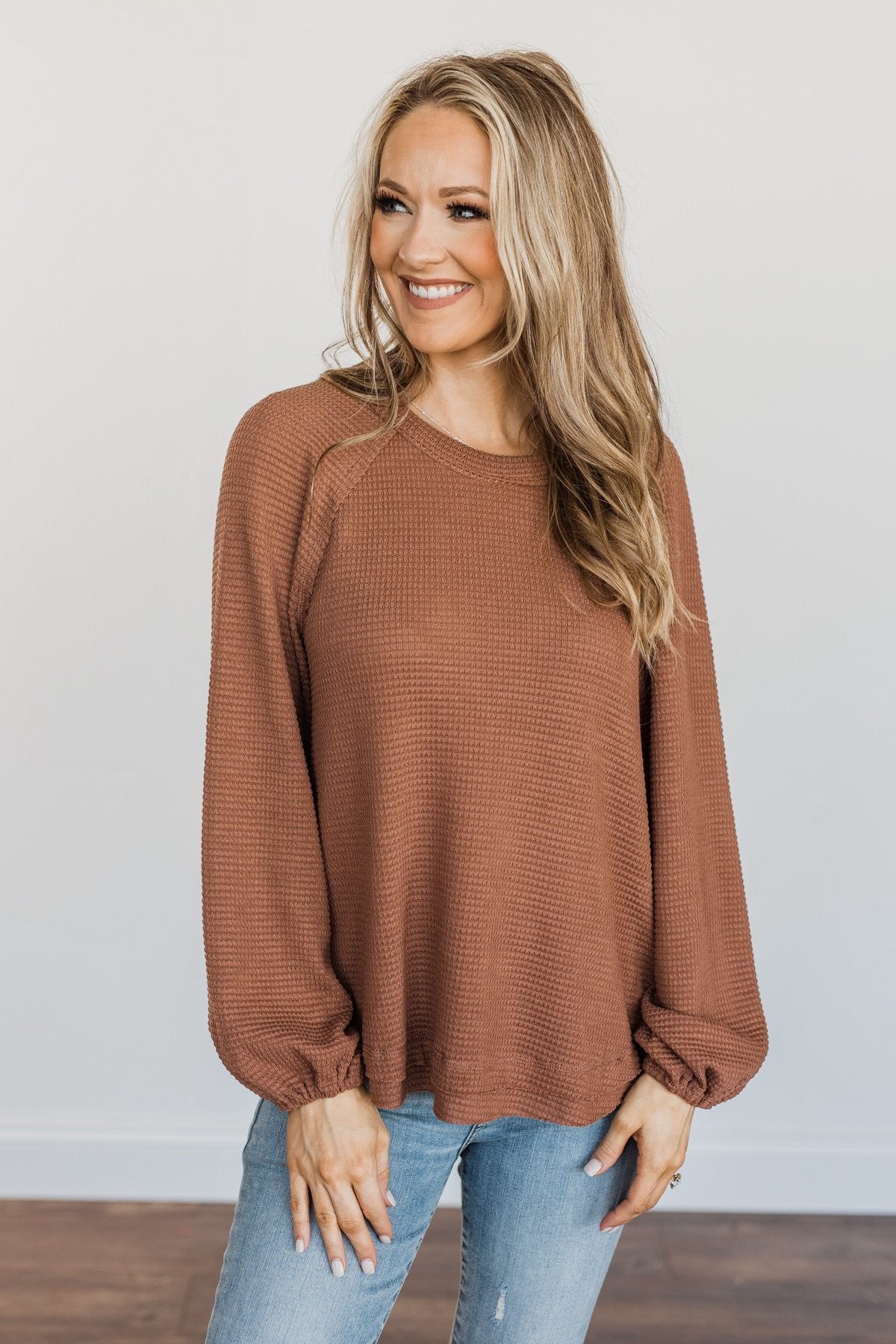Out Of The Woods Waffle Knit Long Sleeve Top- Brown