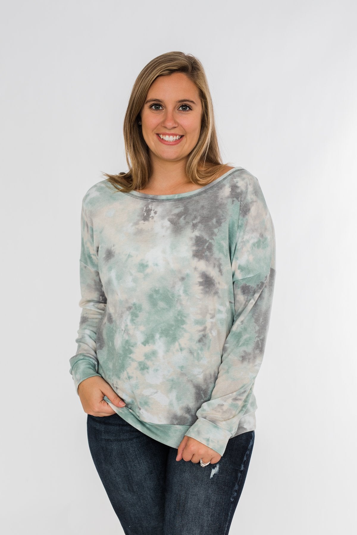 Lost In This Moment Tie Dye Pullover Top- Sage, Oatmeal, Grey