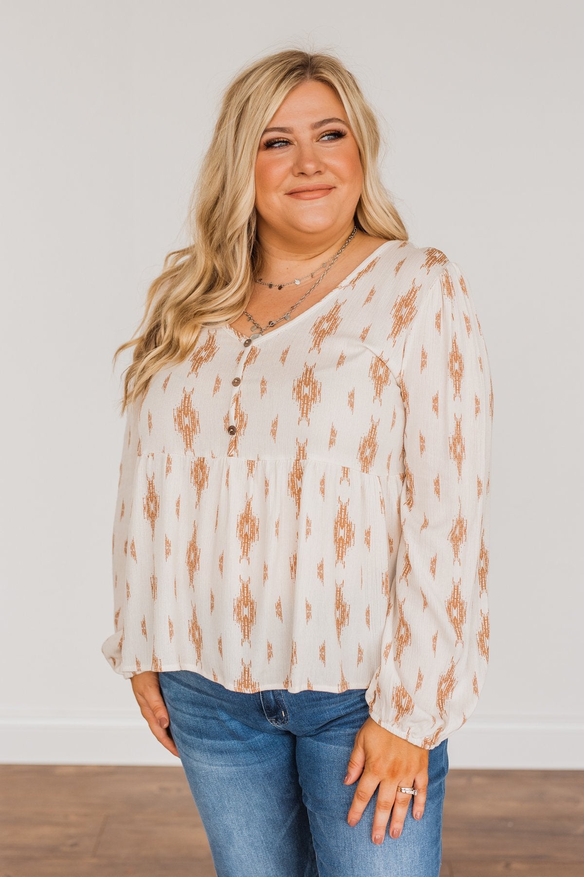 Leaves Of Gold Long Sleeve Blouse- Off-White & Bronze