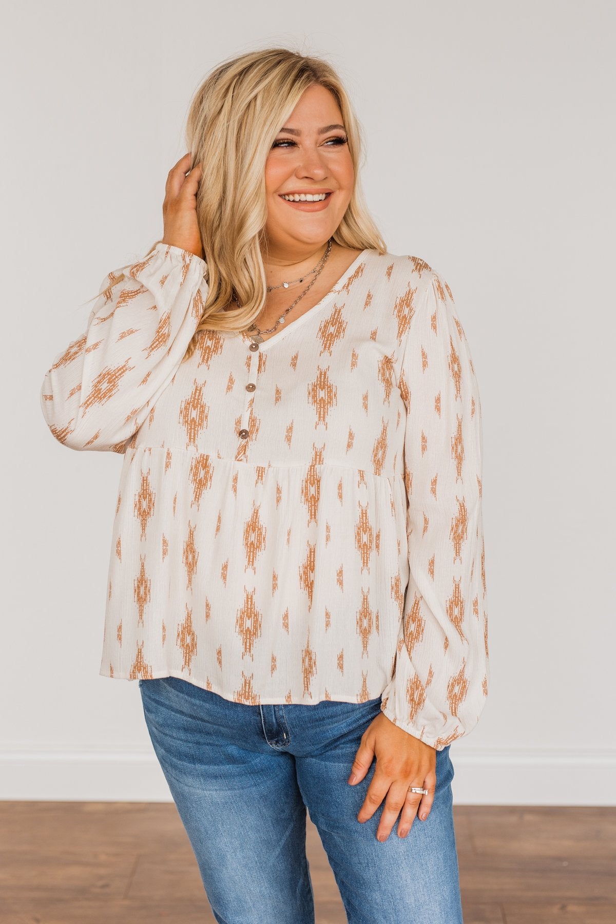 Leaves Of Gold Long Sleeve Blouse- Off-White & Bronze