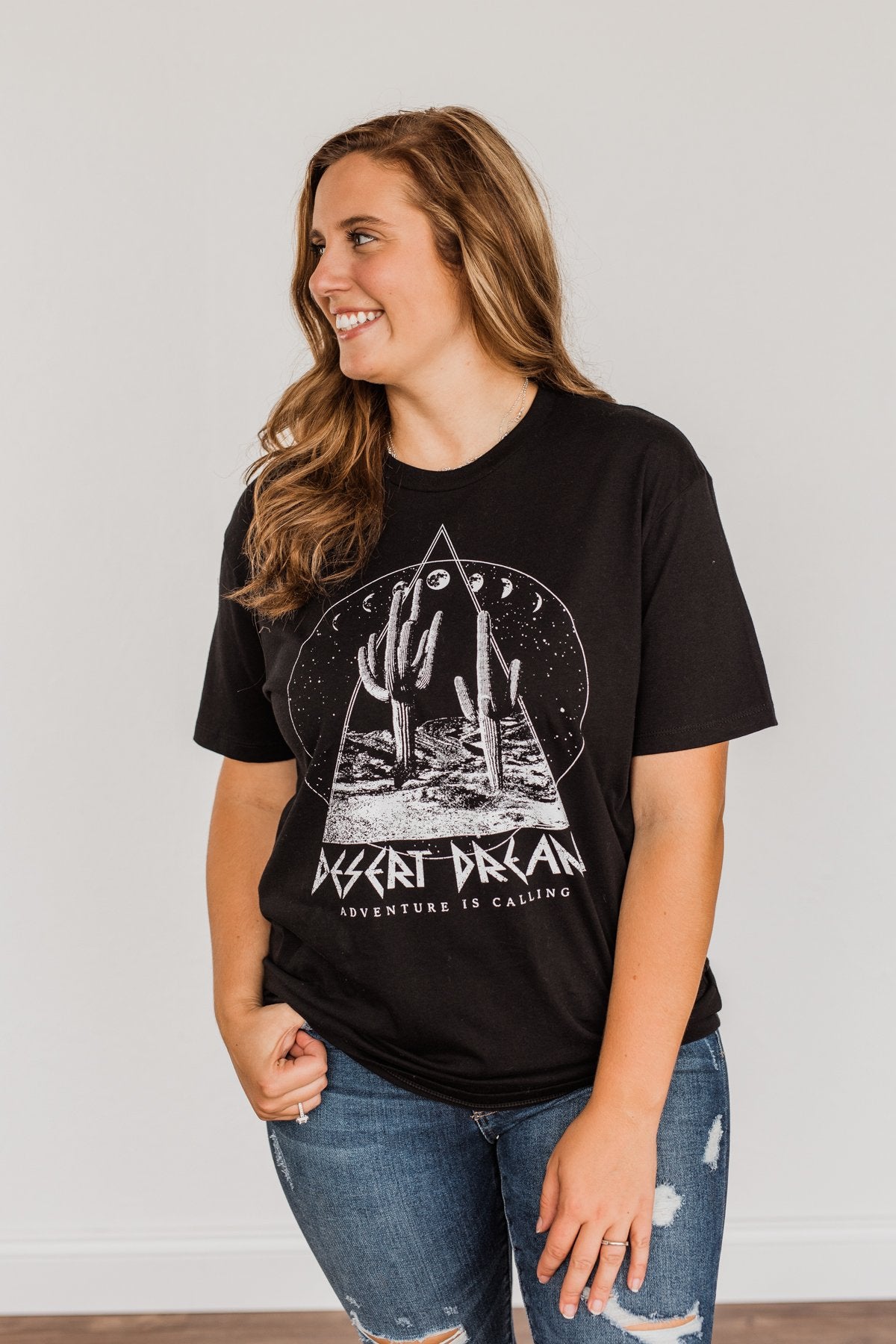 "Desert Dream, Adventure Is Calling" Graphic Top- Black