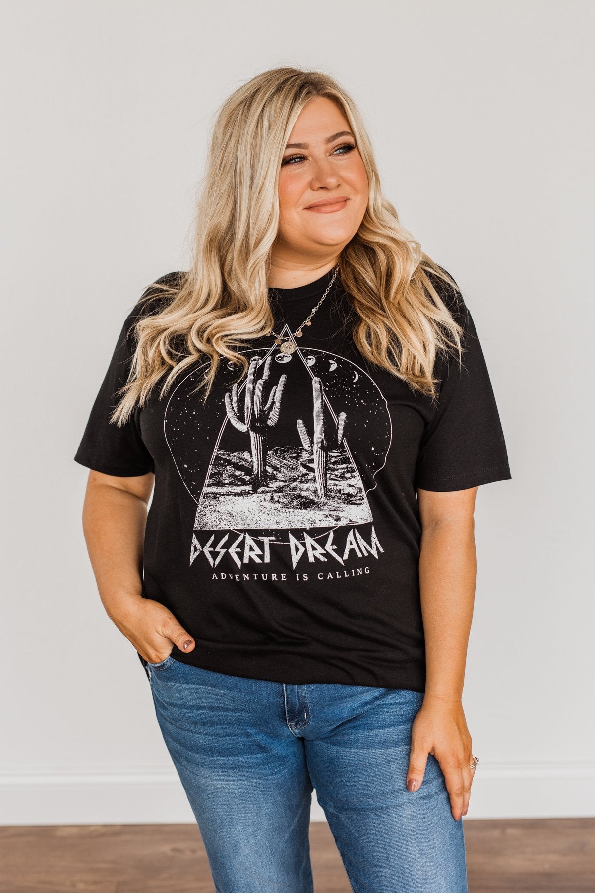 "Desert Dream, Adventure Is Calling" Graphic Top- Black