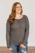 Happy Harvest Waffle Knit Button Top- Charcoal