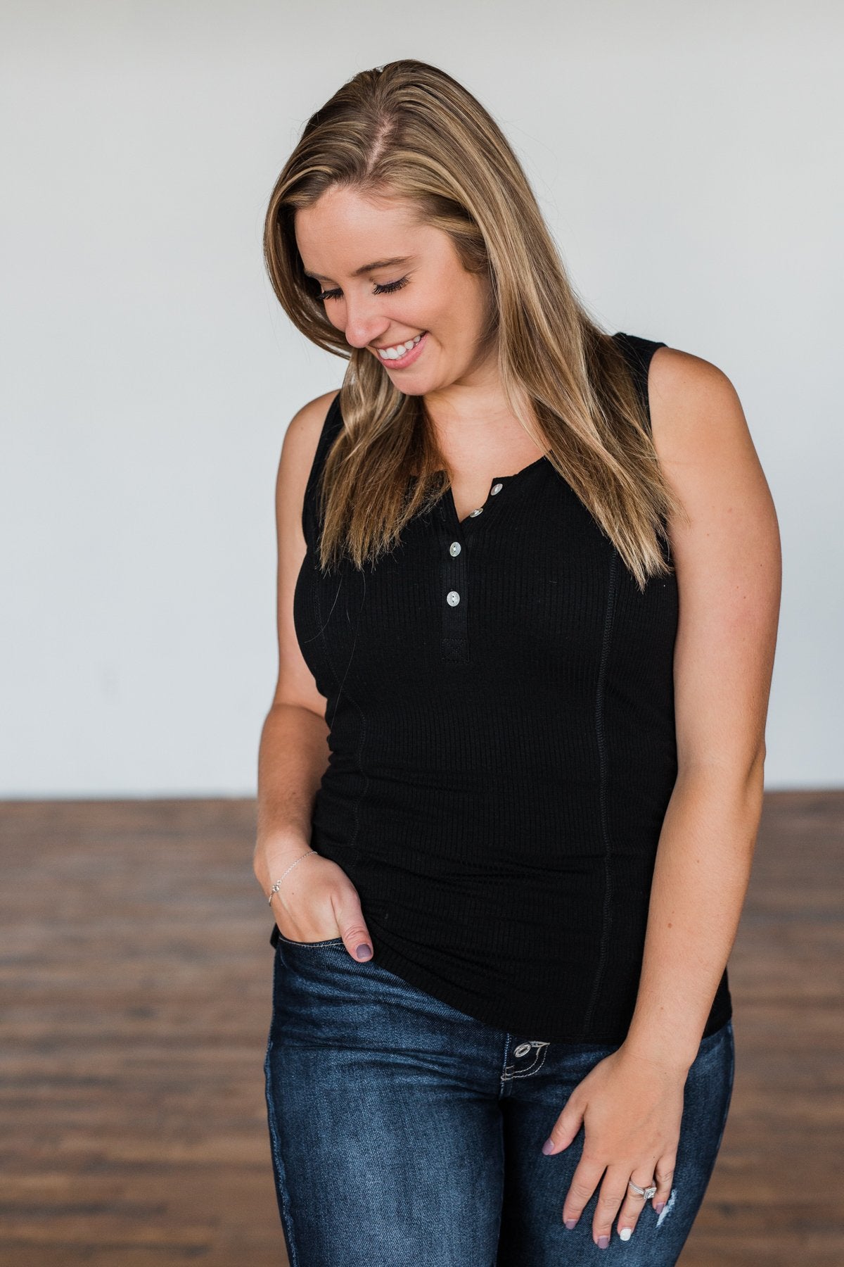 Dream Life Ribbed Button Tank Top- Black