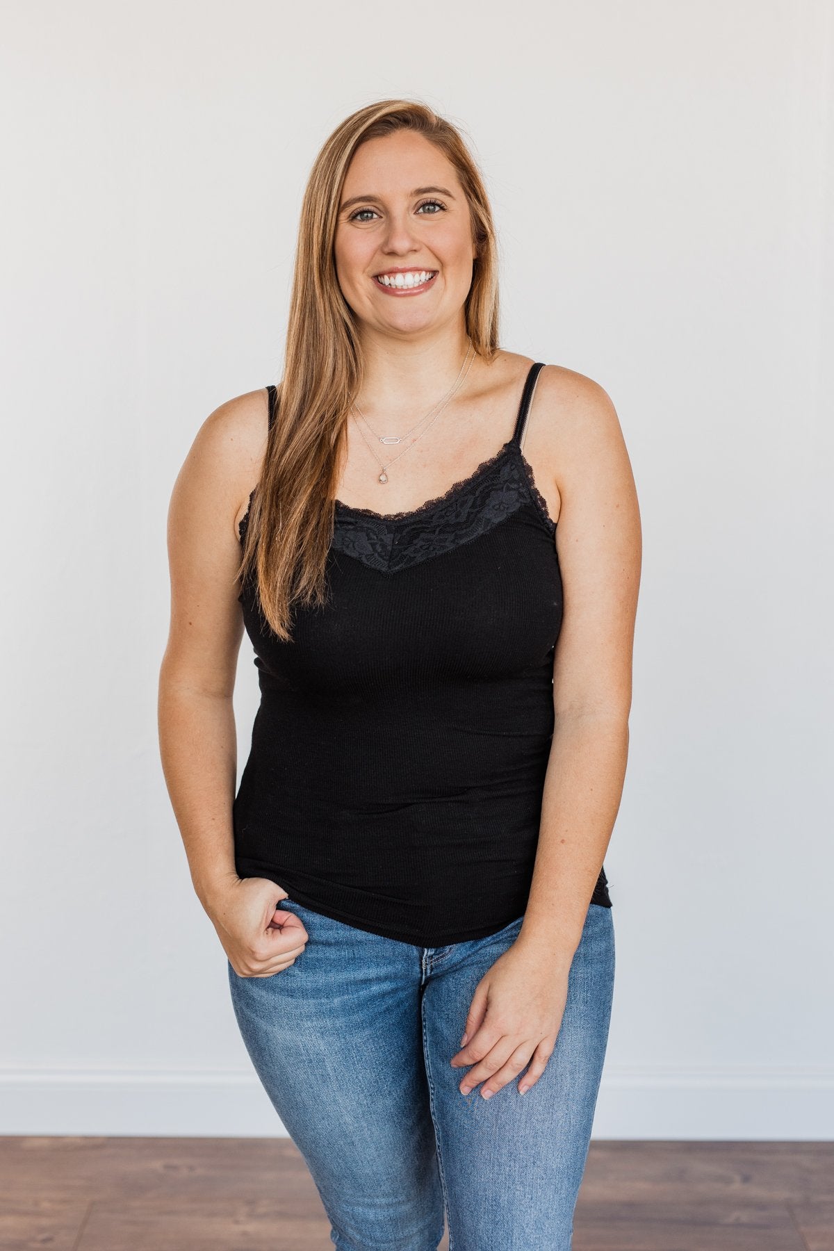 Pulse Basics Lace Trimmed Tank Top- Black