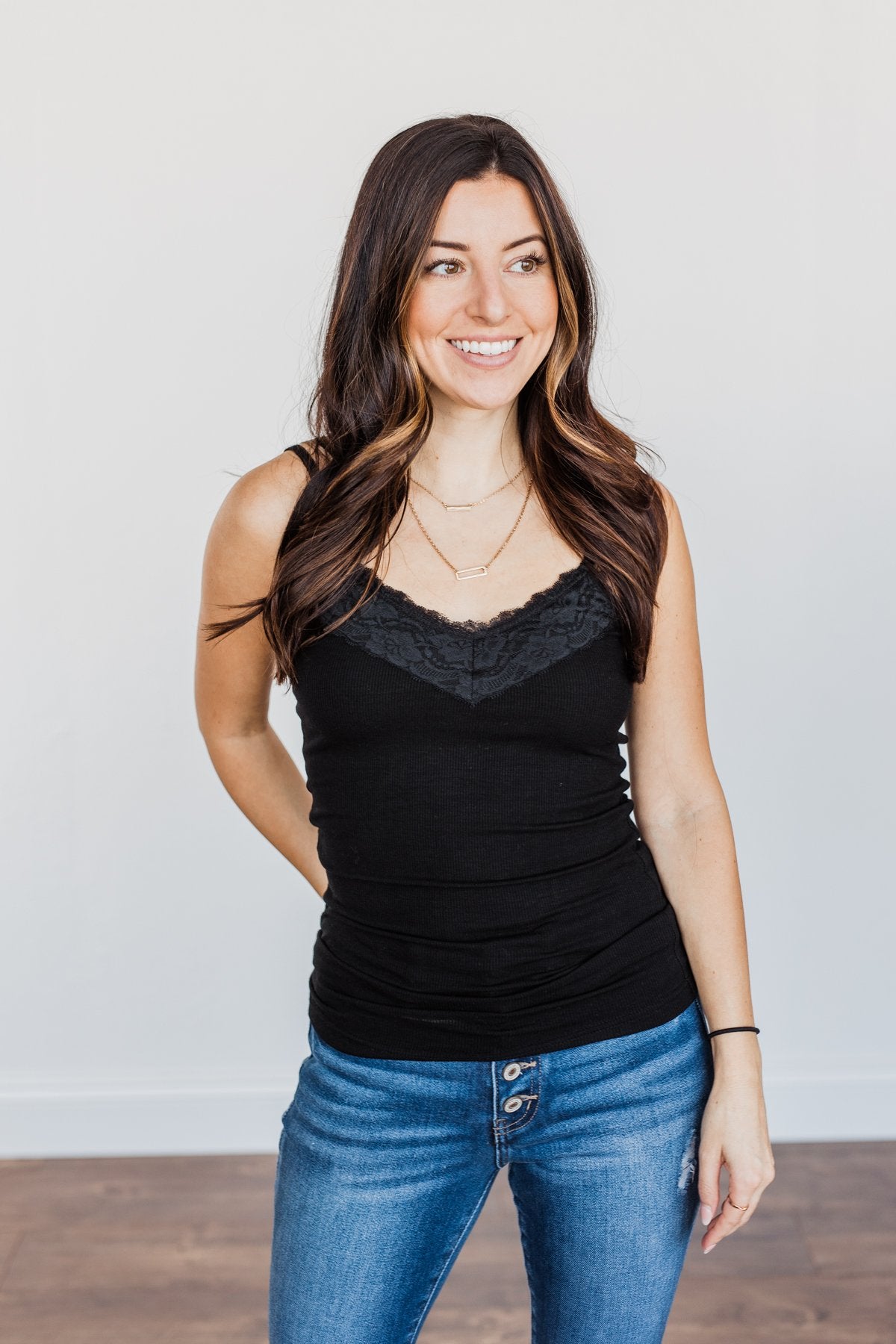 Pulse Basics Lace Trimmed Tank Top- Black