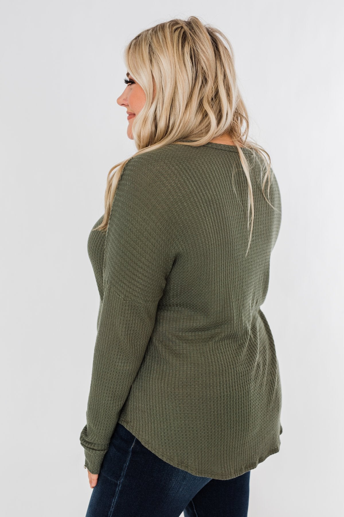 Knowing You V-Neck Thermal Top- Olive