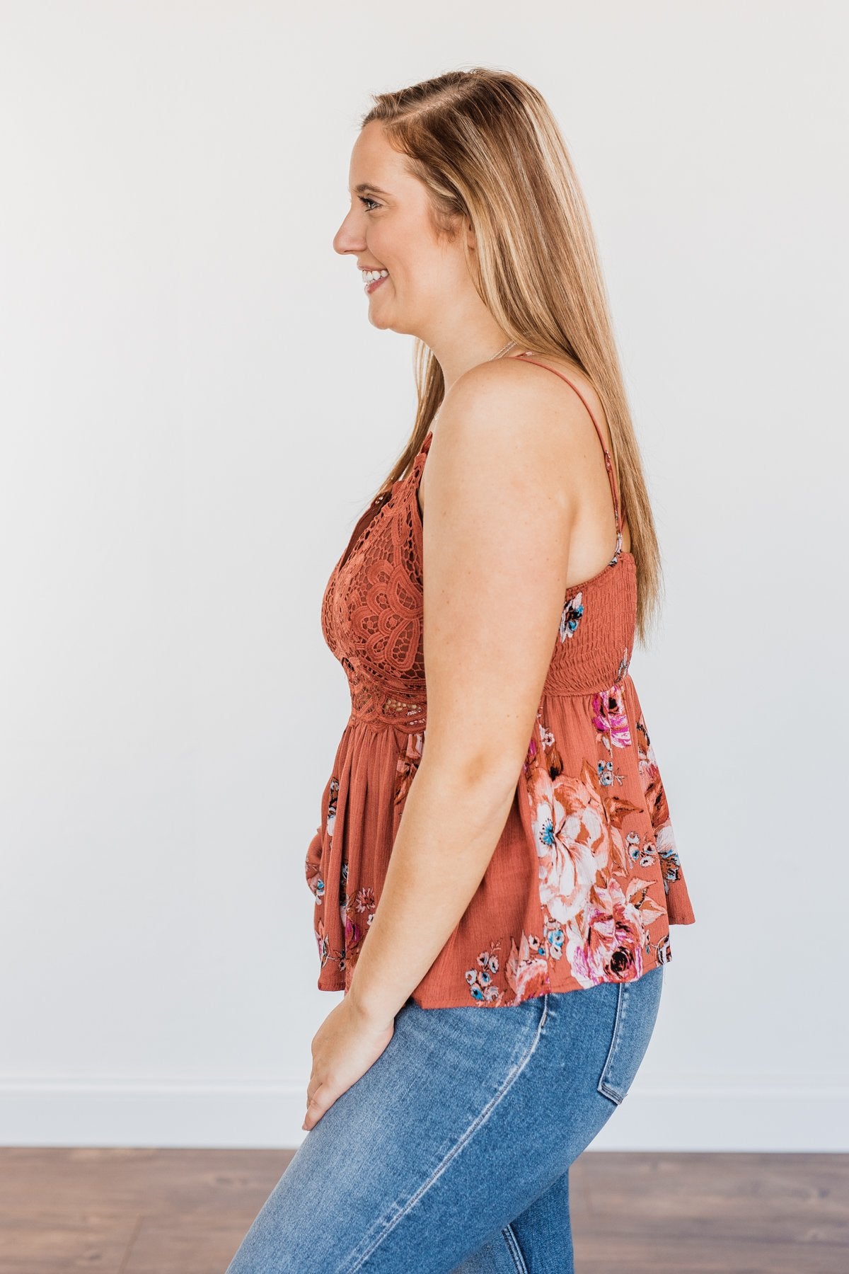Autumn Delight Floral & Lace Tank Top- Dark Clay