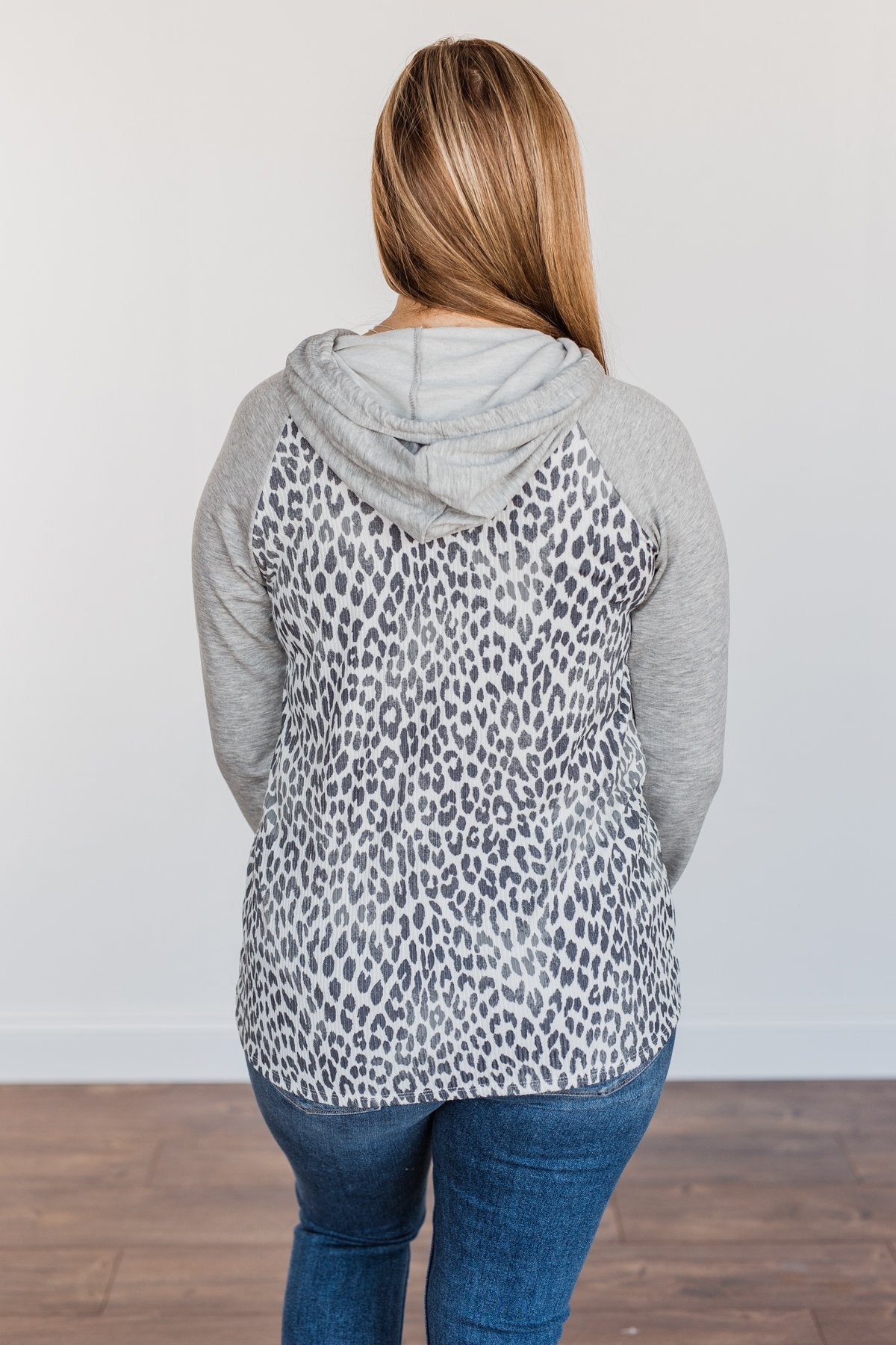 Fiercely Fabulous Leopard Drawstring Hoodie- Light Grey