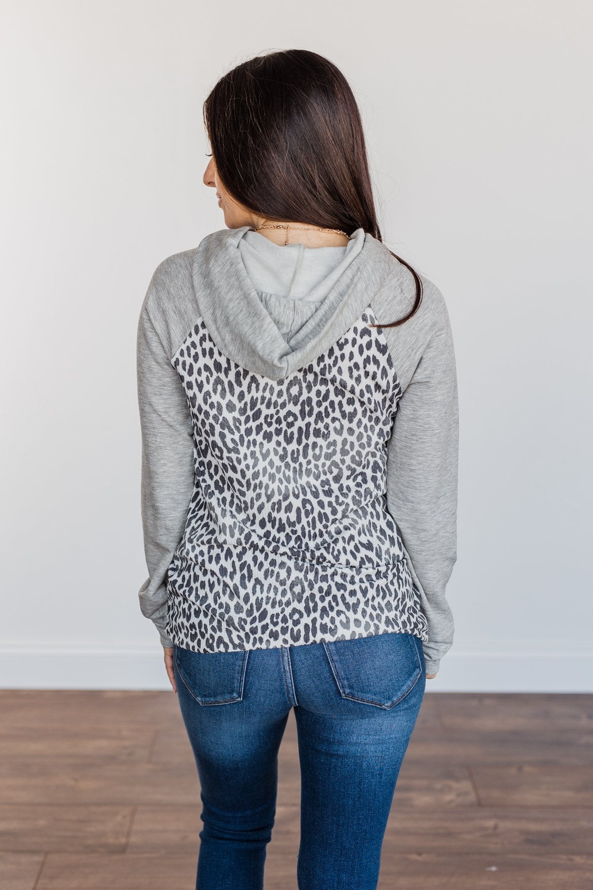 Fiercely Fabulous Leopard Drawstring Hoodie- Light Grey