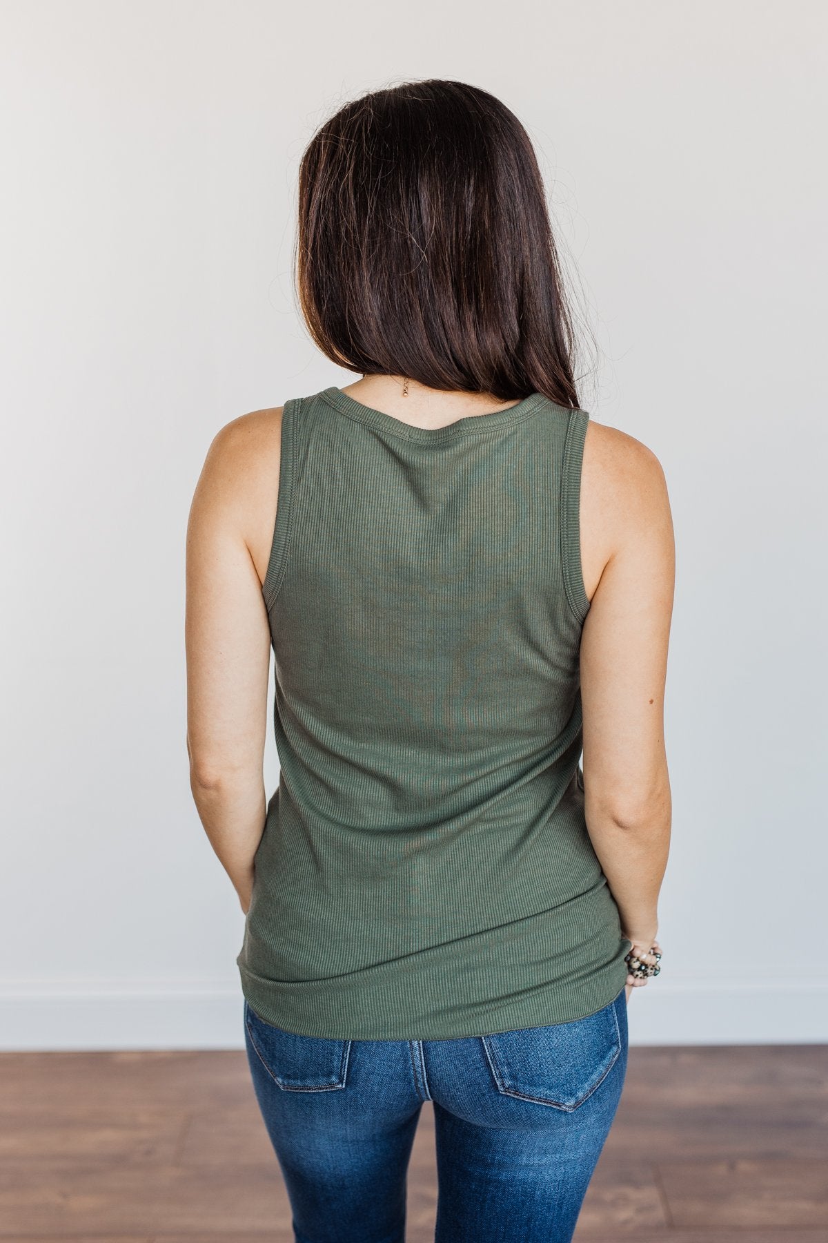 Bound To Be Beautiful Button Henley Tank Top- Olive