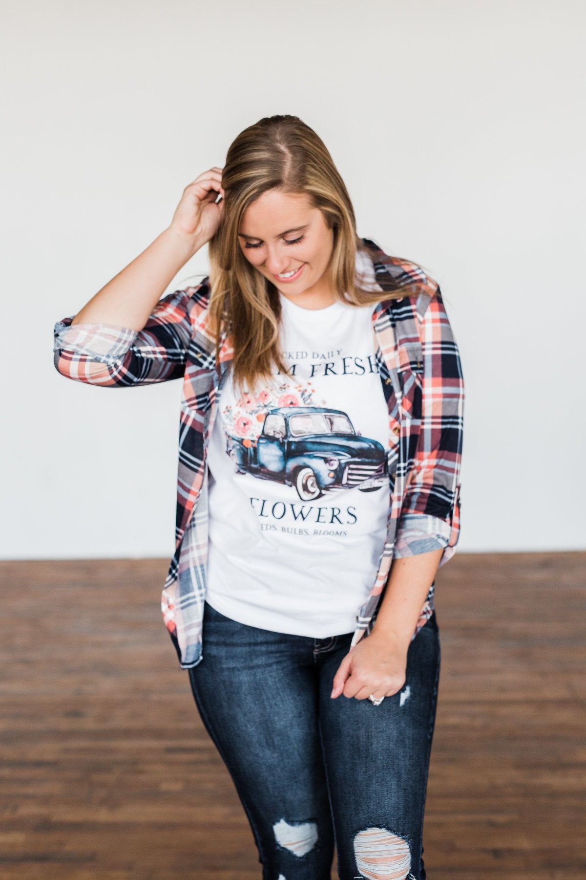 Fall Into The Night Plaid Button Top- Navy, Coral, Tan
