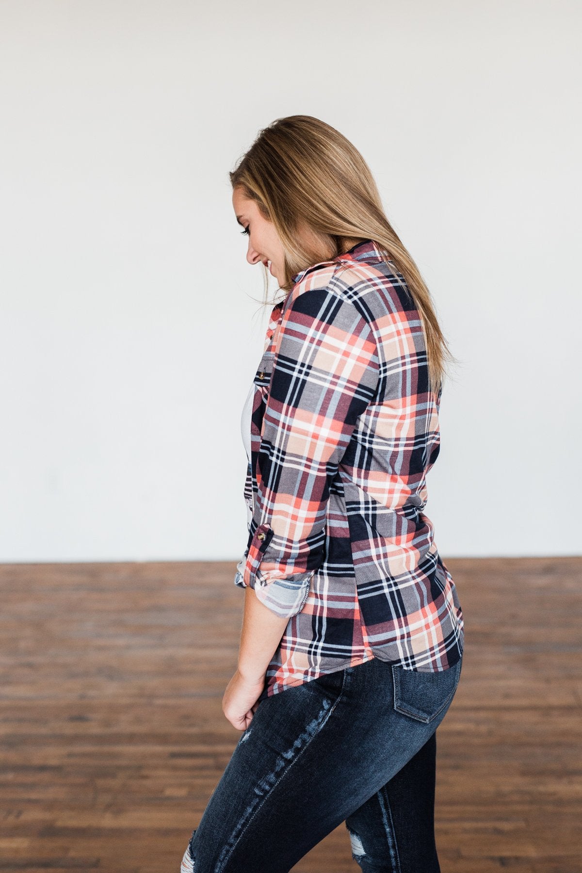 Fall Into The Night Plaid Button Top- Navy, Coral, Tan